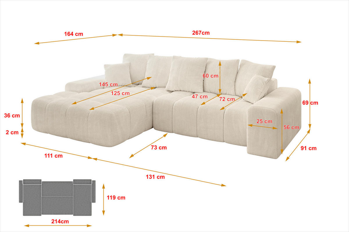 ECKSOFA Ottomane Links ENSI-L - 267x164x69 cm Beige - Beige, Holzwerkstoff/Kunststoff (267/164cm) - ALTDECOR