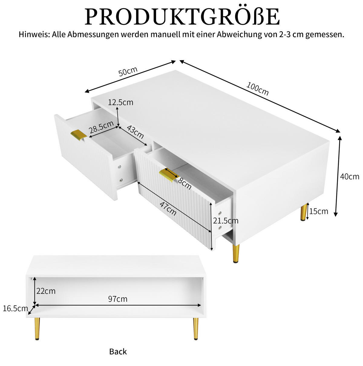 COUCHTISCH 100/50/40 cm Weiß/Gold aus MDF mit 2 Schubladen - Weiß, Holzwerkstoff (100/50/40cm) - OKWISH