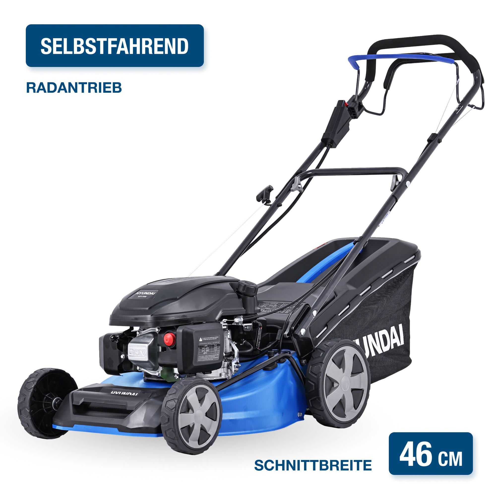 BENZIN-RASENMÄHER LM4623G ES (Mäher/Mulcher mit Radantrieb & E-Start, 3.9 PS Hyundai Motor) - Blau, Metall (52.8/105/138.3cm) - HYUNDAI