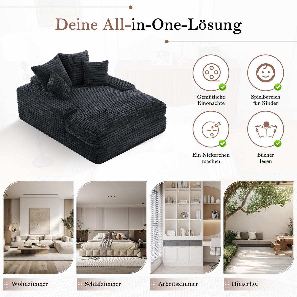 CHAISELONGUE Cordstoff mit Memory-Schaum und 4 Kissen 137/175/63 cm Grau - Grau, Textil (137/63/175cm) - Redom