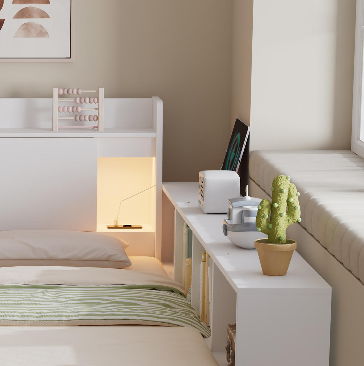MANŽELSKÁ posteľ 140/200 cm biela s úložným čelom, osvetlením a nabíjacou zásuvkou z masívu a MDF - biela, drevo (140/200cm) - OKWISH
