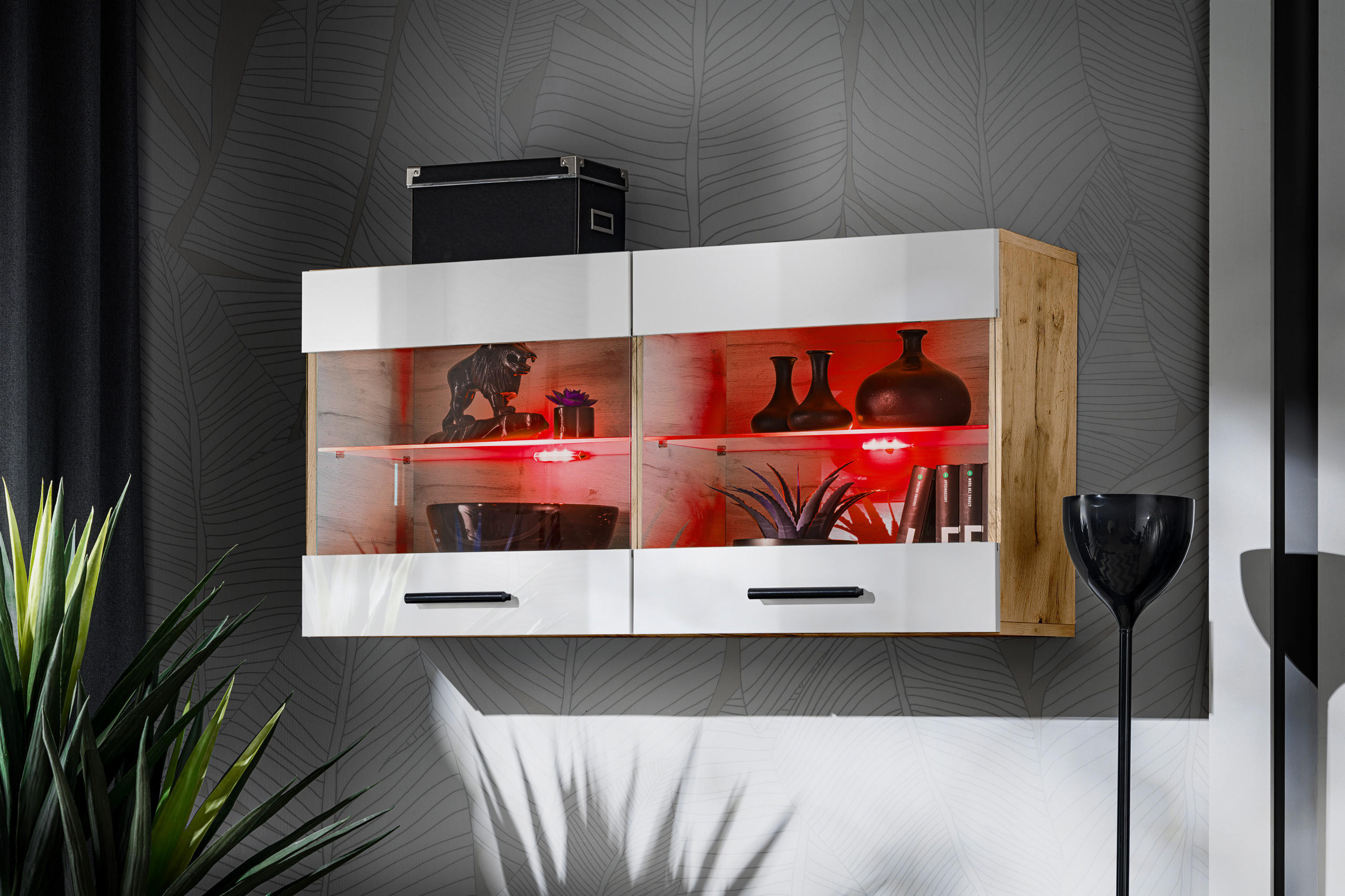 HÄNGEVITRINE SAVONA, Weiss, LED Mehrfarbige - Eiche Wotan/Schwarz, Glas/Holzwerkstoff (100/50/27.2cm) - Komodee