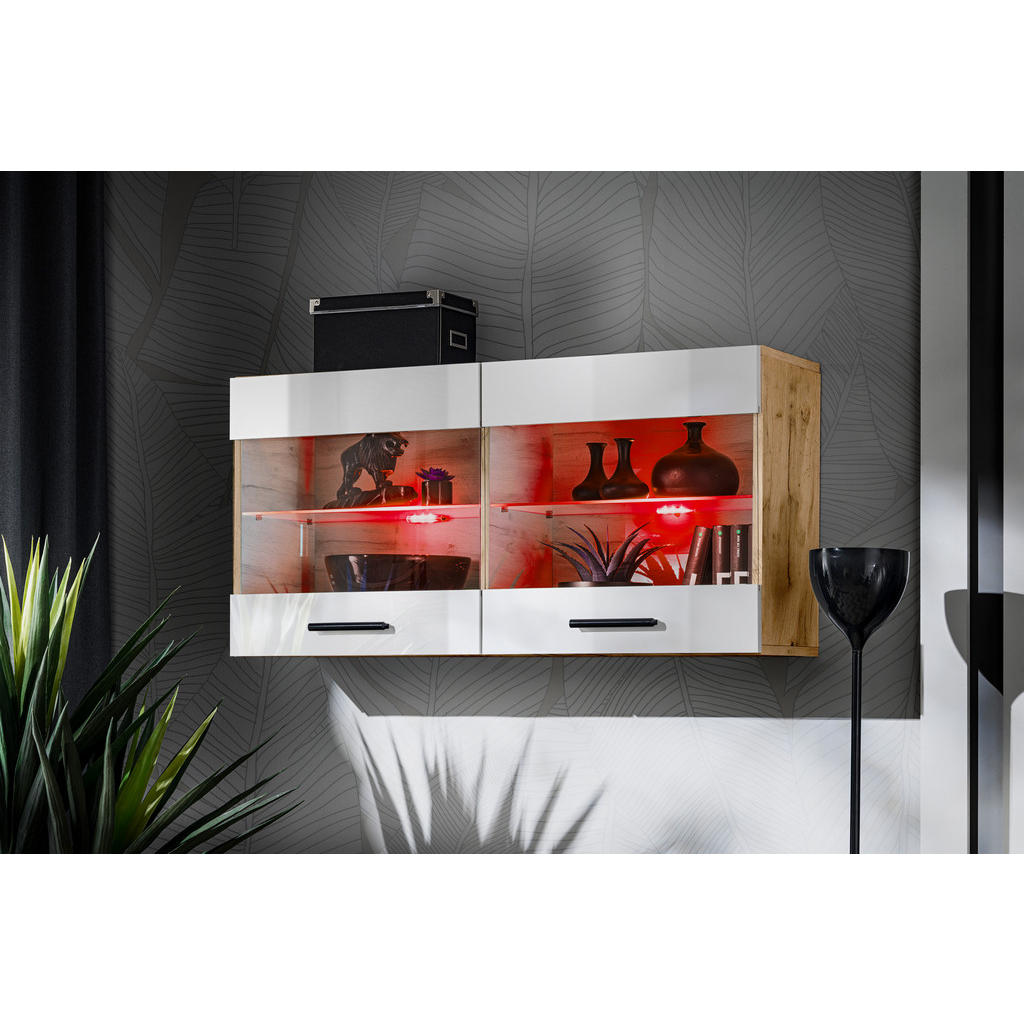 Thumbnail - Komodee Hängevitrine, Eiche Wotan, Weiß, Glas, 2 Fächer, Rechteckig, 100x50x27.2 cm, Wohnzimmer, Wohnwände, Vitrinenschr...