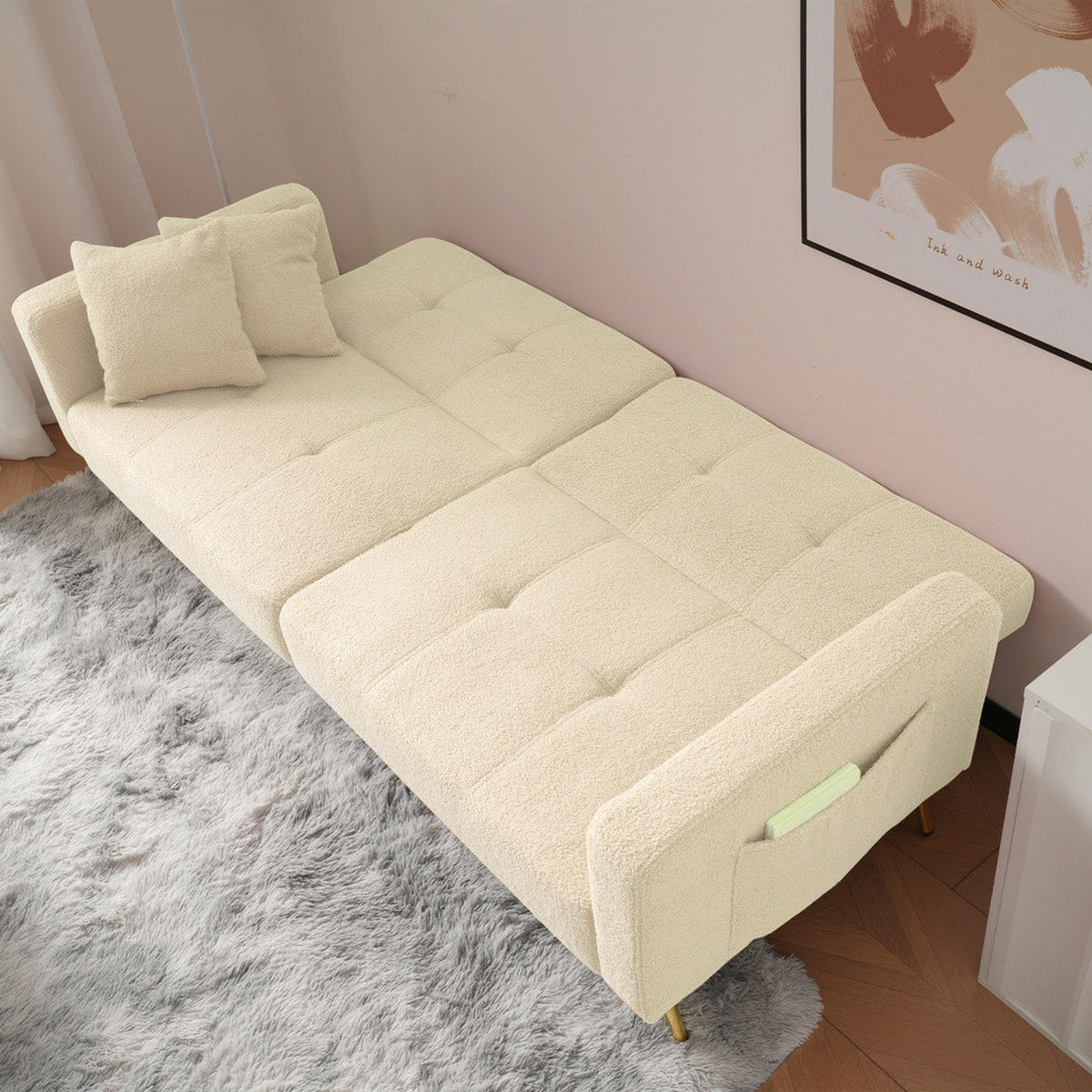 SOFA Schlaffunktion Verstellbar Goldene Beine Aufbewahrungstaschen Kissen - Beige, Holz (90.93/18.42/80.26cm) - FLIEKS