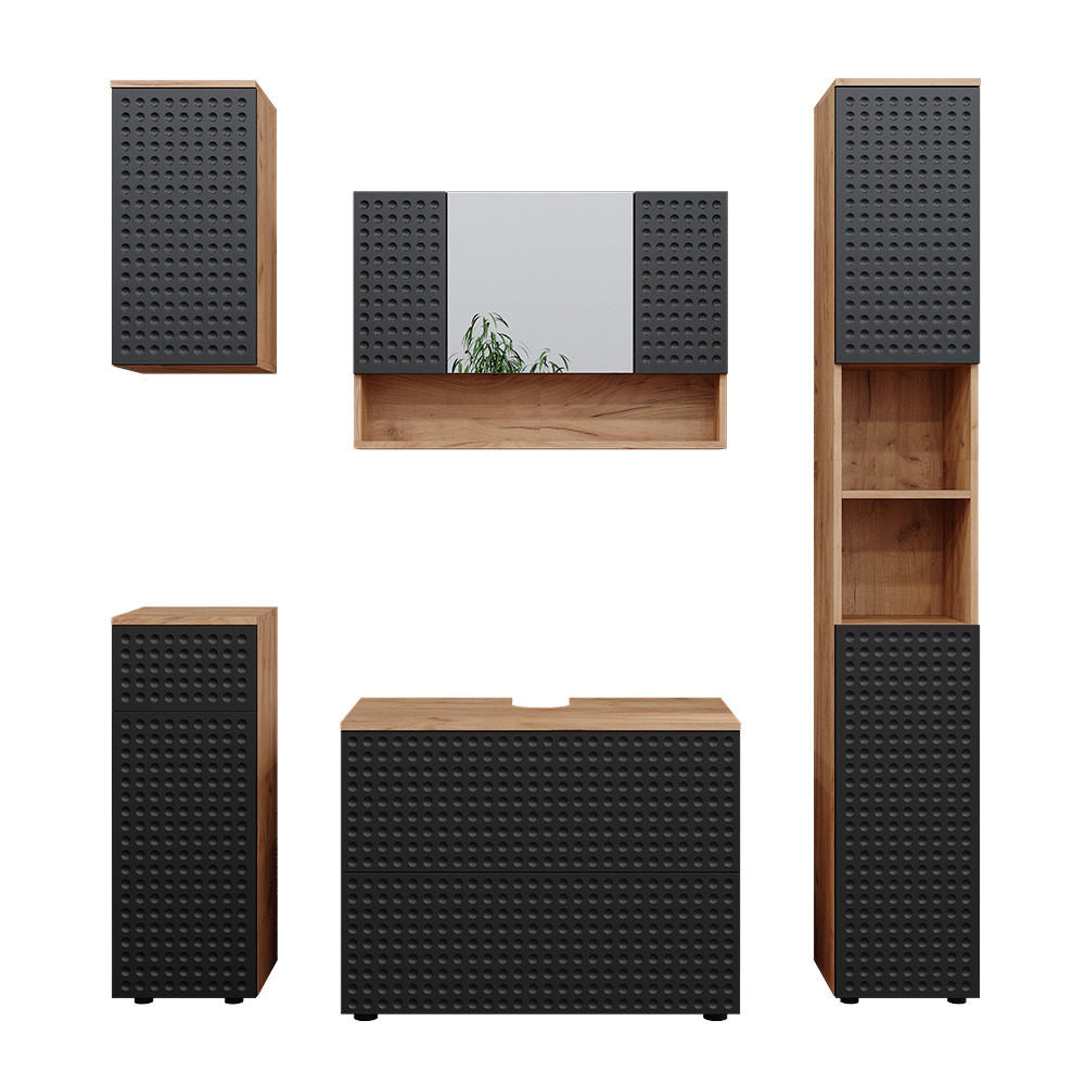 BADMÖBEL-SET Irma Anthrazit gepunktet 5 Teile - Anthrazit/Eiche Wotan, Holzwerkstoff (80/58.6/41cm) - Vicco