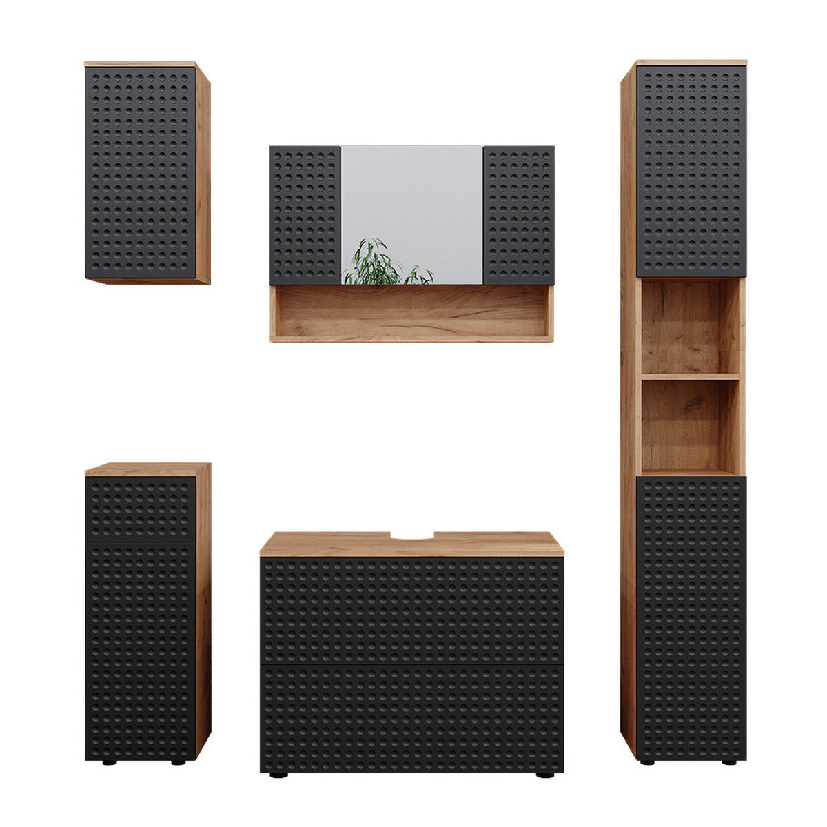 BADMÖBEL-SET Irma Anthrazit gepunktet 5 Teile - Honigeiche/Anthrazit, Holzwerkstoff (80/58.6/41cm) - Vicco
