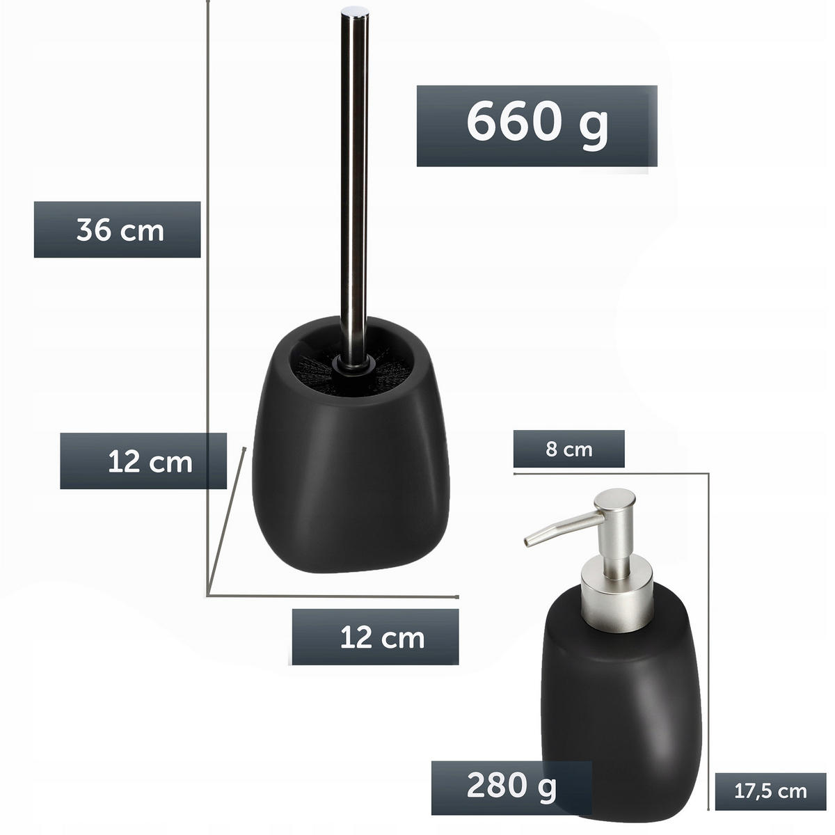 BADEZIMMERSET SEIFENSPENDER + WC-Bürstengarnitur, schwarz - Schwarz, Keramik/Kunststoff (12/36cm) - KADAX