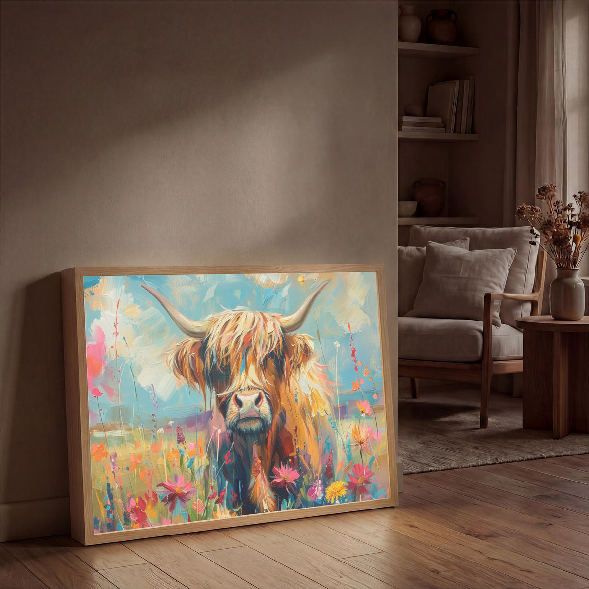 NÁSTĚNNÁ LAMPA S AKUMULÁTOREM Skotský horal - Příroda - Barevné - Květiny 90x60 cm - různobarevná, kompozitní dřevo (90/60/8cm) - OnlyWow