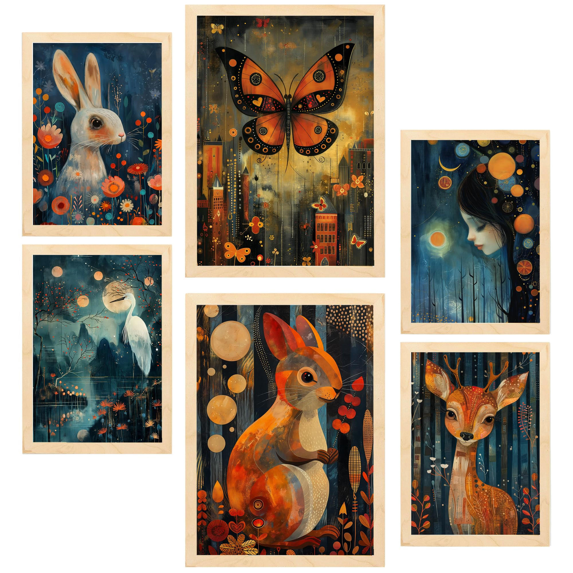 POSTER Set Mit 6 Kaninchen Schmetterling Eichhörnchen Hirsch Von Rosina Wachtmeister A3 & A4 Rahmen Aus Hellem Holz - Beige, Papier (29/3cm) - Nacnic