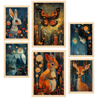 POSTER Set Mit 6 Kaninchen Schmetterling Eichhörnchen Hirsch Von Rosina Wachtmeister A3 & A4 Rahmen Aus Hellem Holz - Beige, Papier (29/3cm) - Nacnic