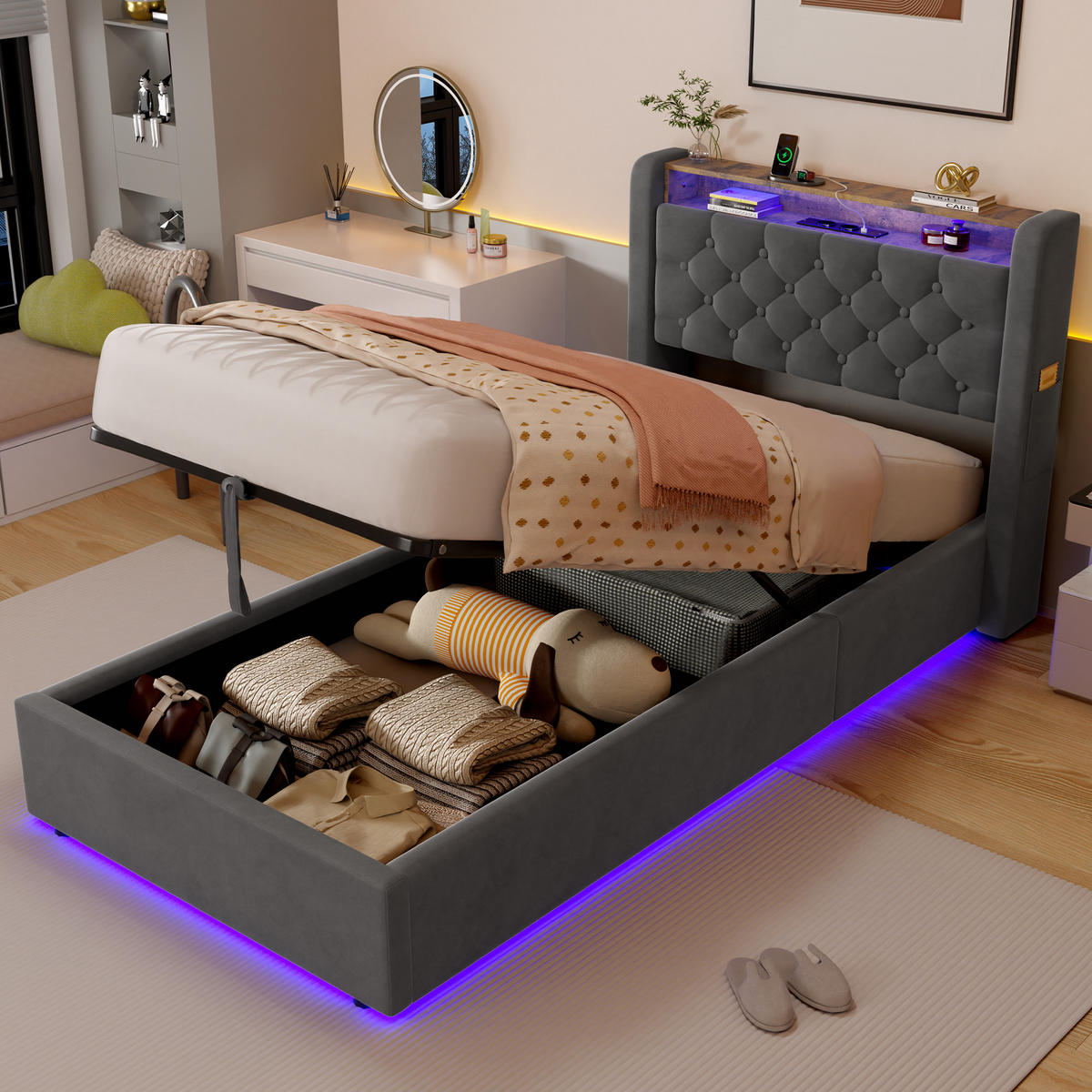 ČALÚNENÁ posteľ 90/190 cm, sivá, s hydraulickým úložným priestorom, LED osvetlením a USB portmi - sivá, textil (90/190cm) - OKWISH