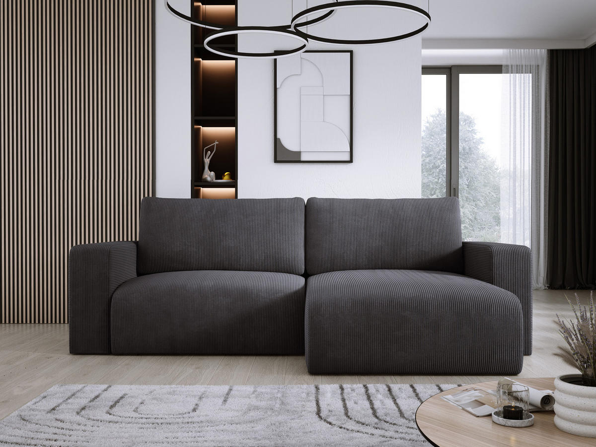 ECKSOFA Carl L-förmig Schlaffunktion und Bettkasten weicher Cordstoff flexibel stellbar lose Rückenkissen freistehend LINKS 143x247x83cm Graphite - Graphitfarben, Holz/Textil (143/247cm) - DomoHome
