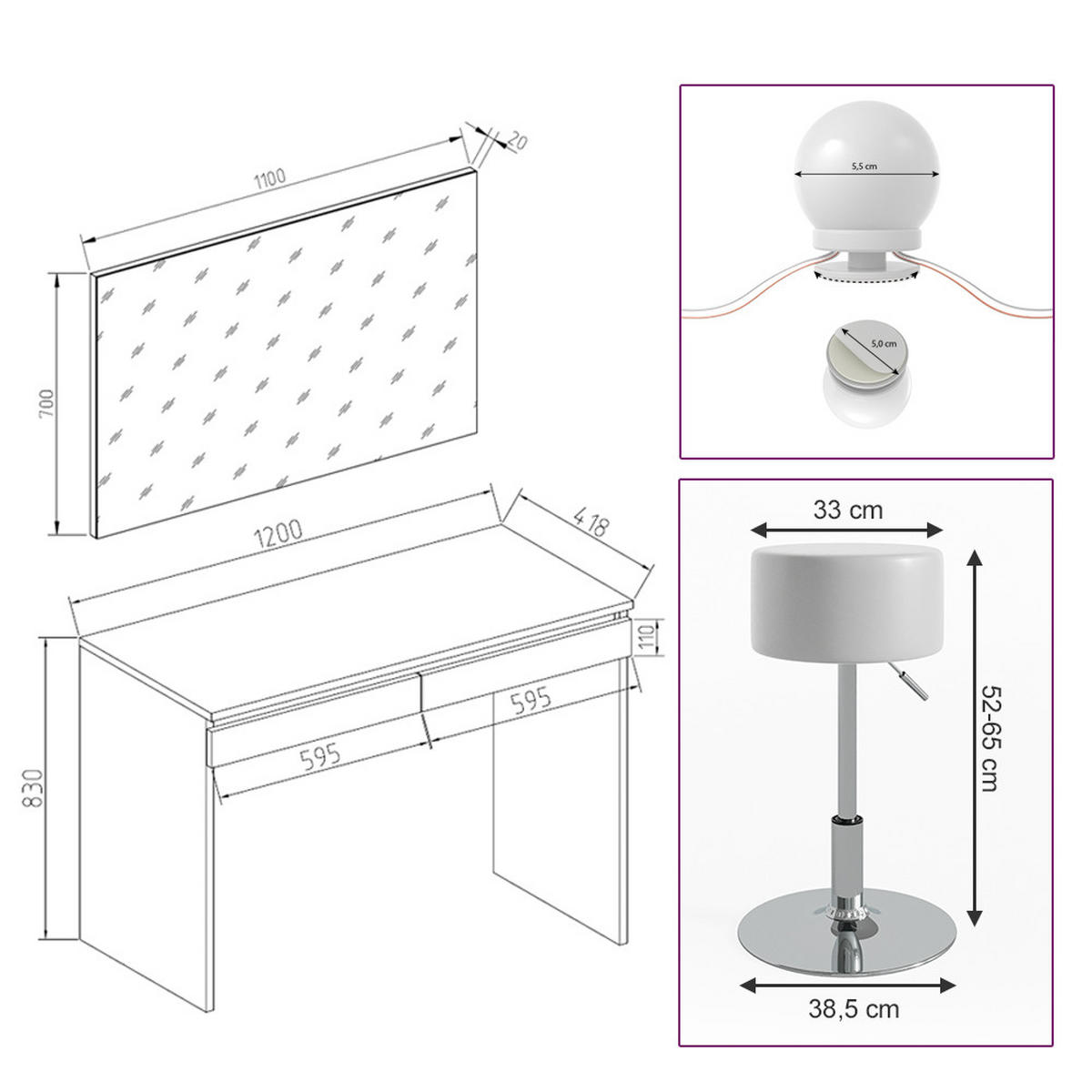 SCHMINKTISCH Emma Weiß 120 cm mit LED Beleuchtung und Hocker - Weiß, Holzwerkstoff (120/83/41.8cm) - Vicco