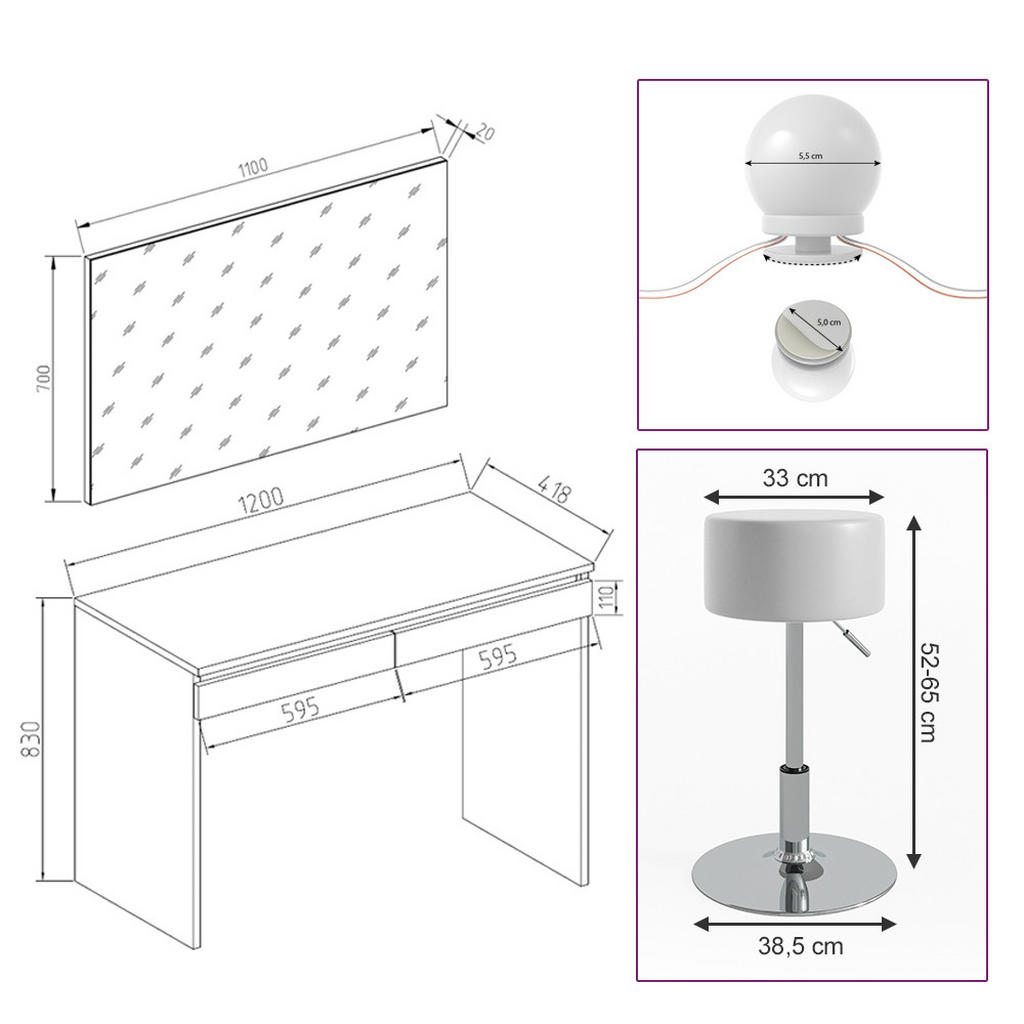 Thumbnail - Vicco Schminktisch, Weiß, Holzwerkstoff, 1 Fächer, 1 Schubladen, Rechteckig,Rechteckig, 120x83x41.8 cm, Schlafzimmer, Sc...
