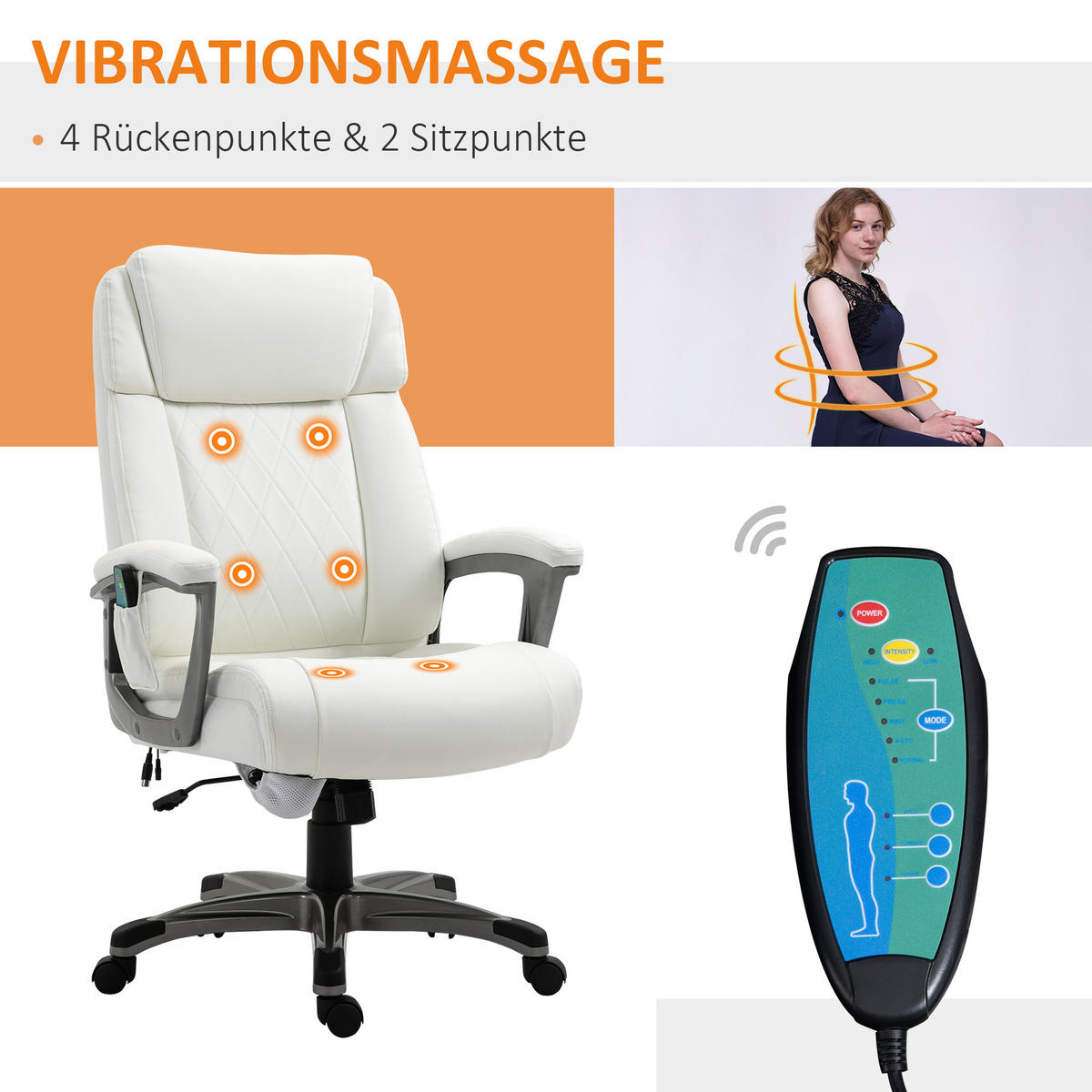MASSAGE-BÜROSTUHL, Armlehne, Weiß - Weiß, Leder (76.5/124/70cm) - Vinsetto