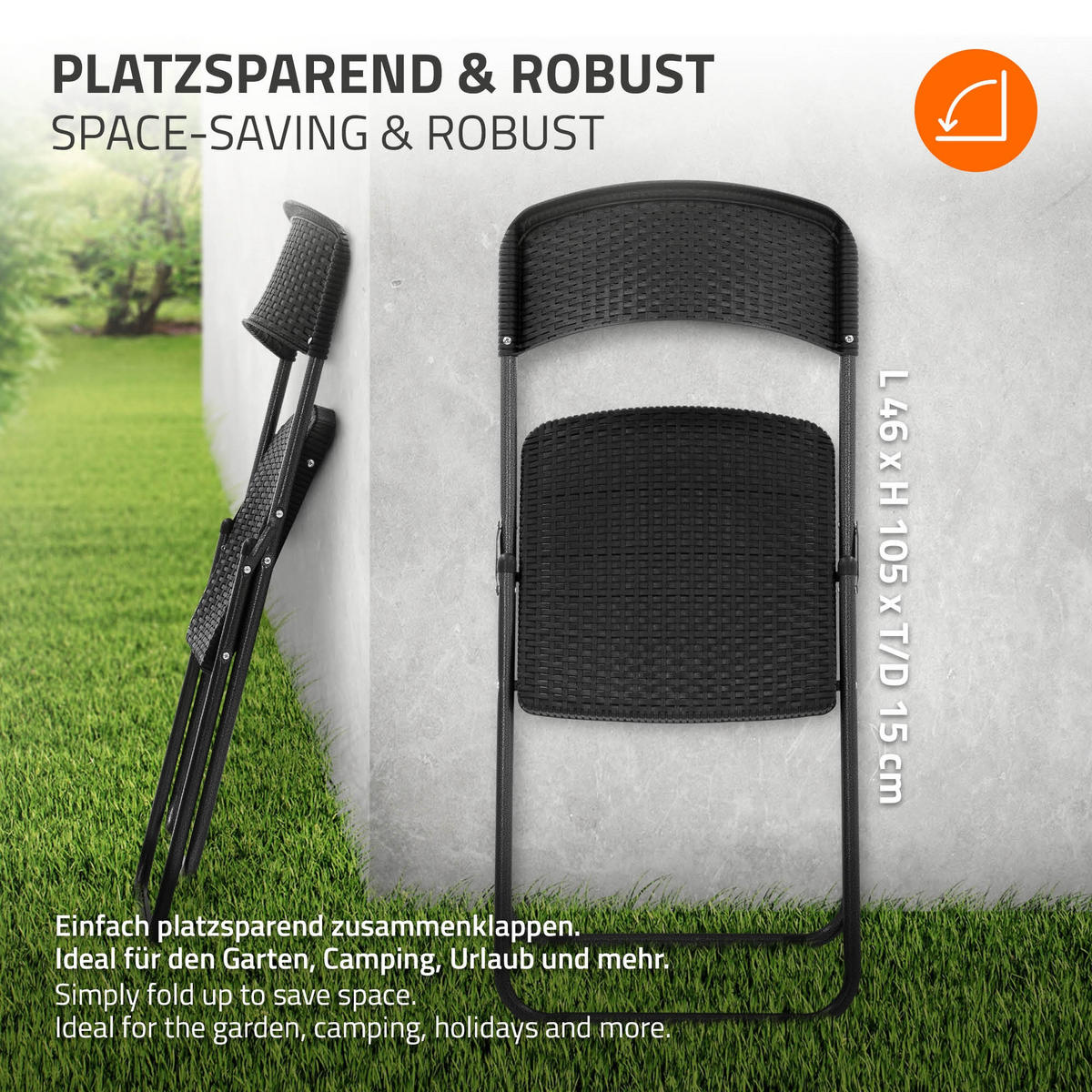 KLAPPSTUHL 4er Set Rattan-Optik Schwarz Kunststoff Metall - Dunkelgrau, Metall (51/82/46cm) - ECD-Germany