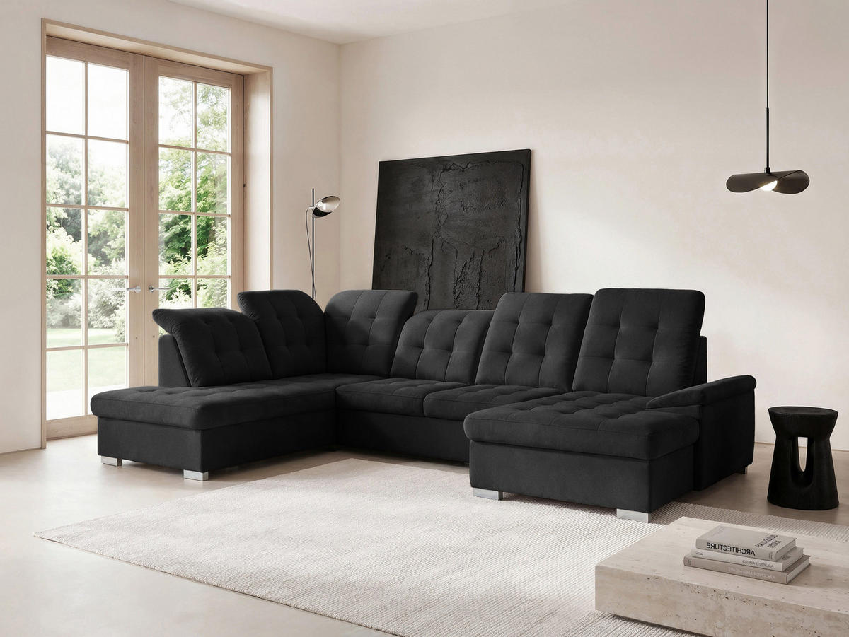 WOHNLANDSCHAFT ANON Ottomane Links, mit Schlaffunktion und Bettkasten, Schwarz - Schwarz, Kunststoff/Textil (322/87/220cm) - Idohome