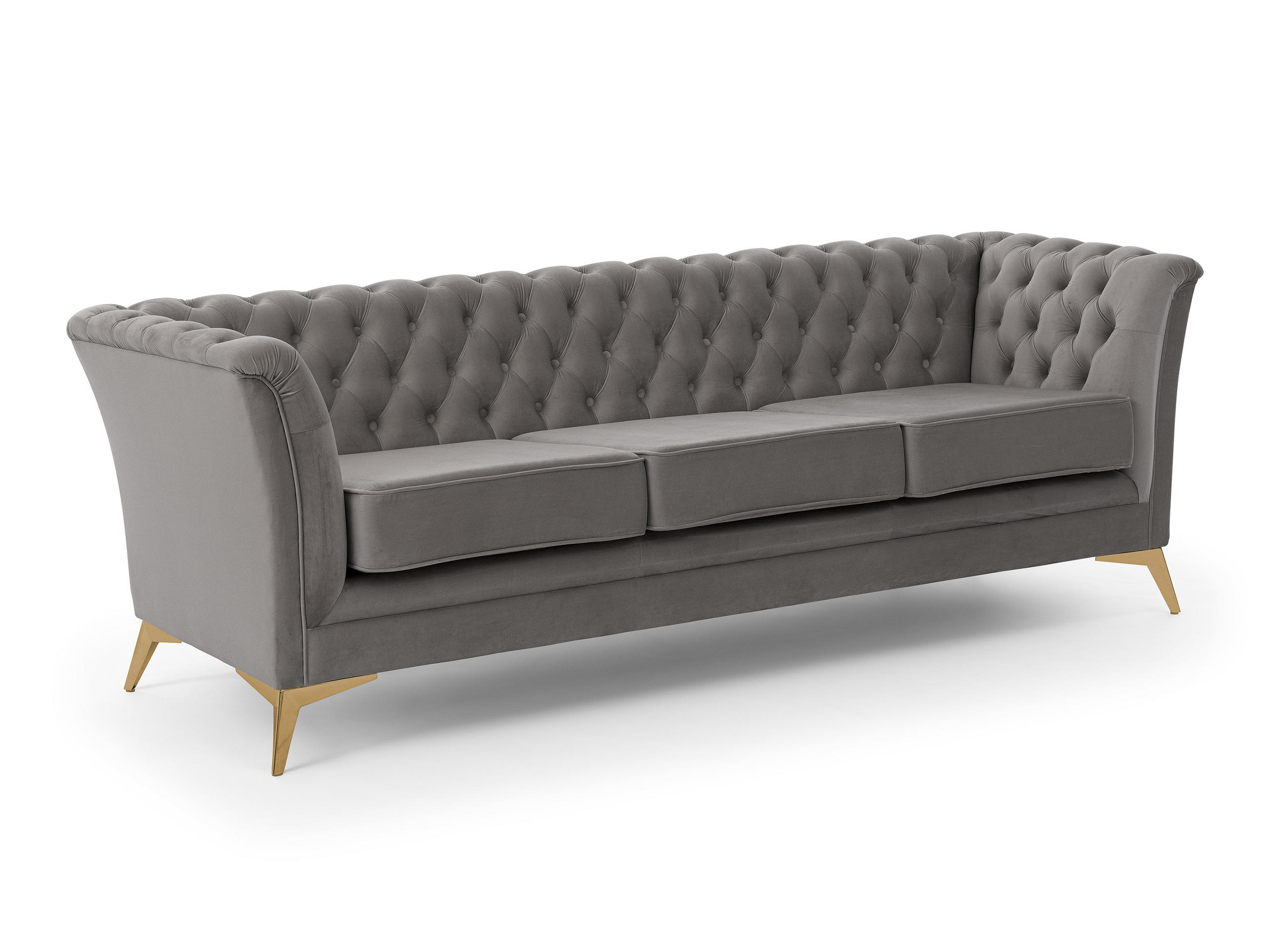 CHESTERFIELD-SOFA 3-sitzer Whitby Grau Samt mit goldenen Füßen - Goldfarben/Grau, Holz/Textil (237/78/82cm) - S-Style Möbel