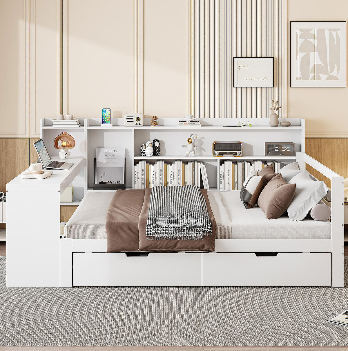 BETT 140x200 cm Weiß mit Schreibtisch, Regalen, USB-Anschluss und 2 Schubladen - Weiß, Holzwerkstoff (140/200cm) - Modfu