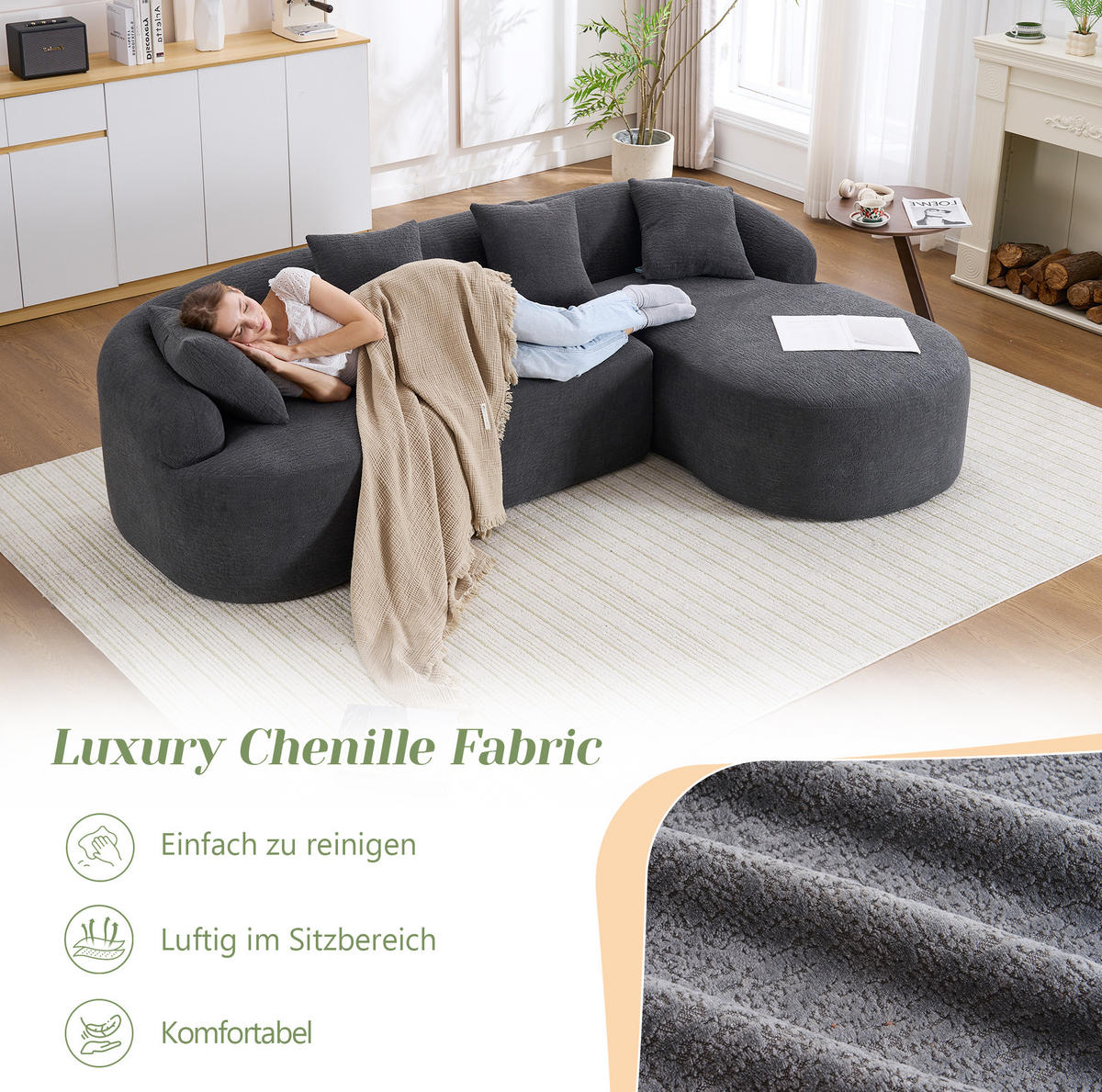 SOFA 3-Sitzer bogenförmig Chenille Dark Grey - Dunkelgrau, Textil (150/243cm) - Meubliv