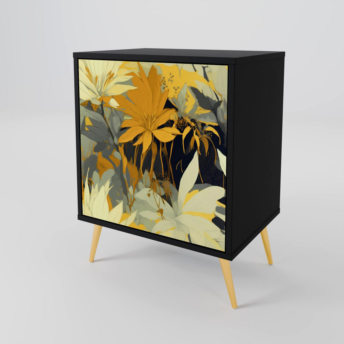 SIDEBOARD SUNKISSED LILY, Schwarz, 57,5x42x72,5 cm, Schwarze Metallfüße - Multicolor/Schwarz, Holzwerkstoff/Metall (57.5/72.5/42cm) - SpaceRebels