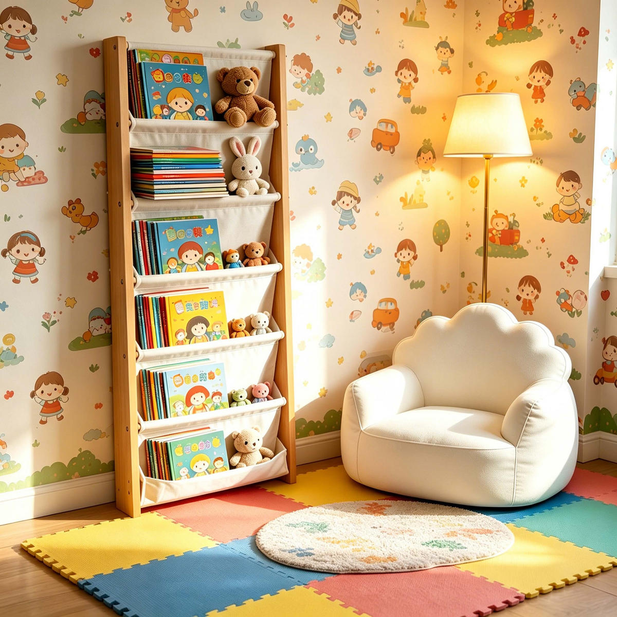 BÜCHERREGAL Natur Weiß Kinder Wand - Multicolor, Holzwerkstoff/Textil (44.5/118/6cm) - Relaxdays