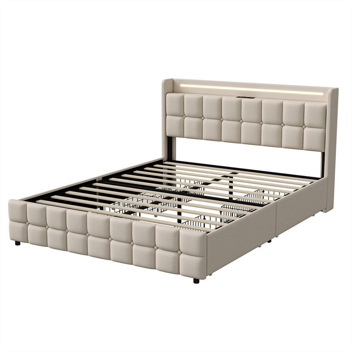 POLSTERBETT 180x200 cm Square Smart mit RGB-LED, EU-Steckdosen & USB-Ports, 4 Schubladen, Leinen-Optik, Beige - Beige, Textil (180/200cm) - DELFA