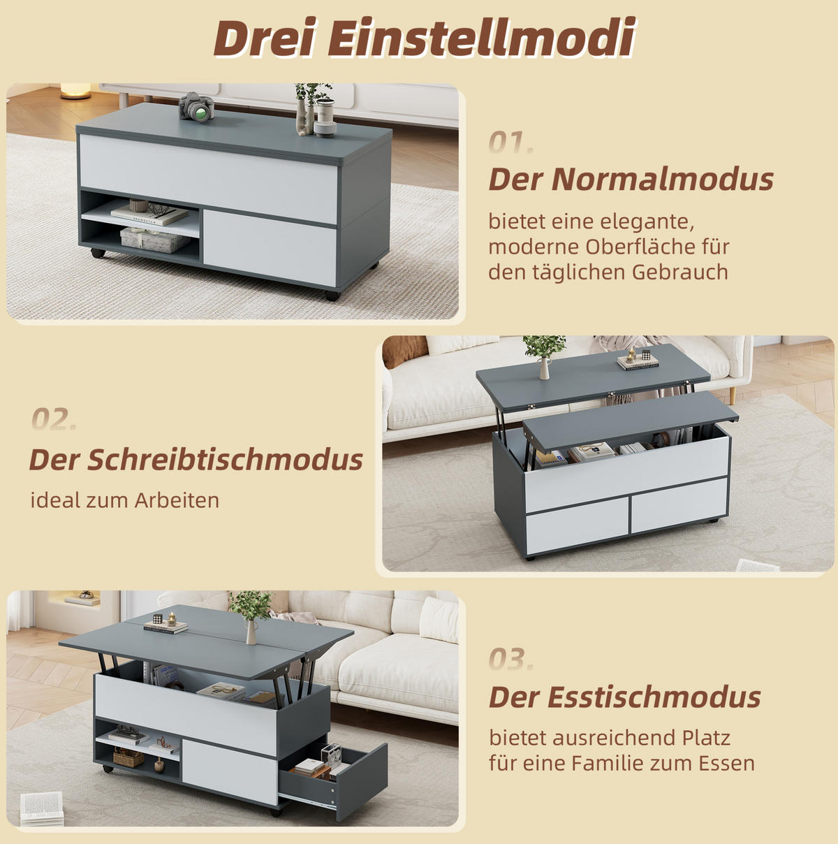 COUCHTISCH 100/98 cm höhenverstellbar mit Stauraum, Schublade und Rollen - Grau, Holzwerkstoff (100/98/65cm) - BEAOK