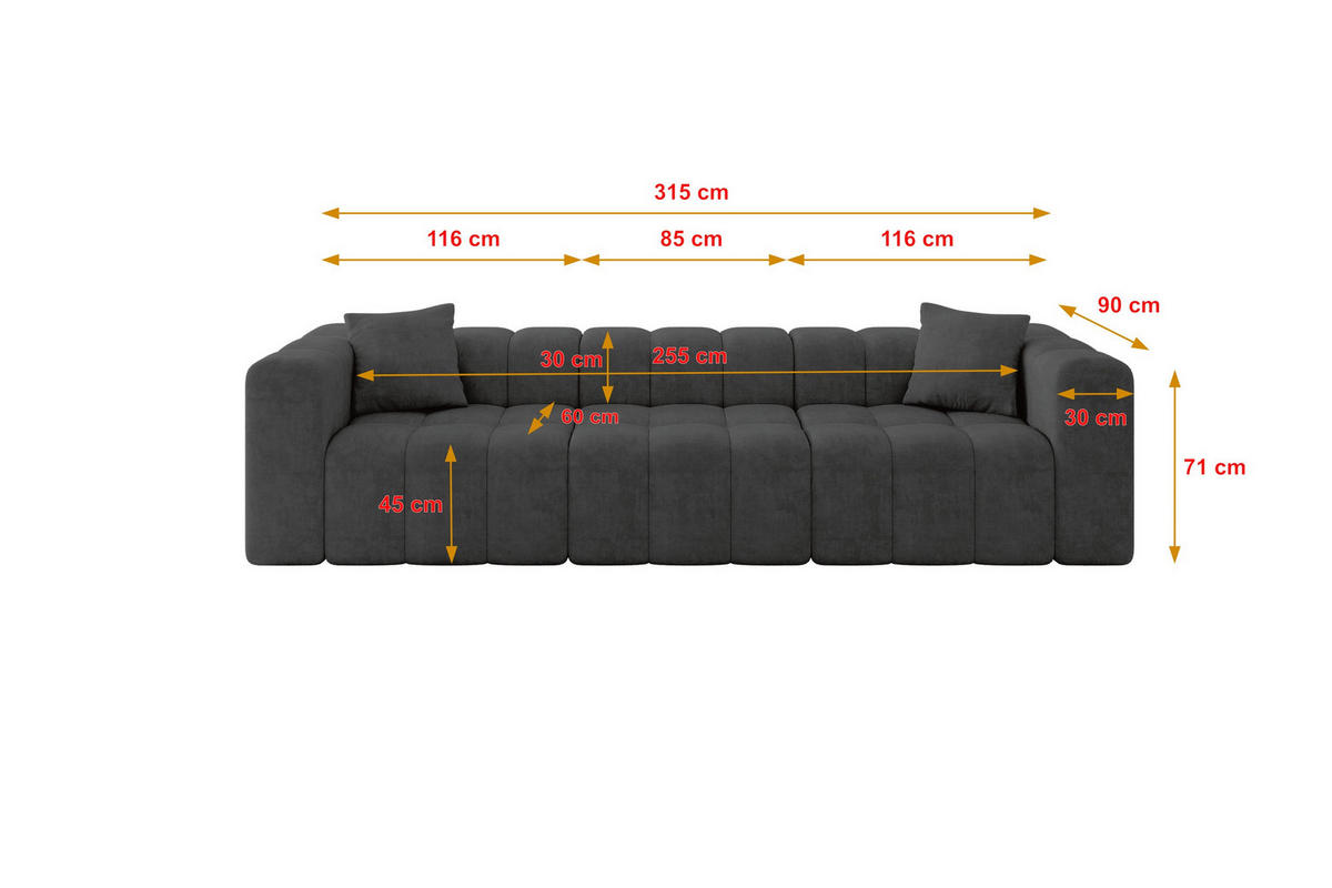 POHOVKA 3-MÍSTNÁ DONY-3 315x90x71 cm Tmavě šedá Velur - černá/tmavě šedá, kompozitní dřevo/textil (315/71/90cm) - ALTDECOR