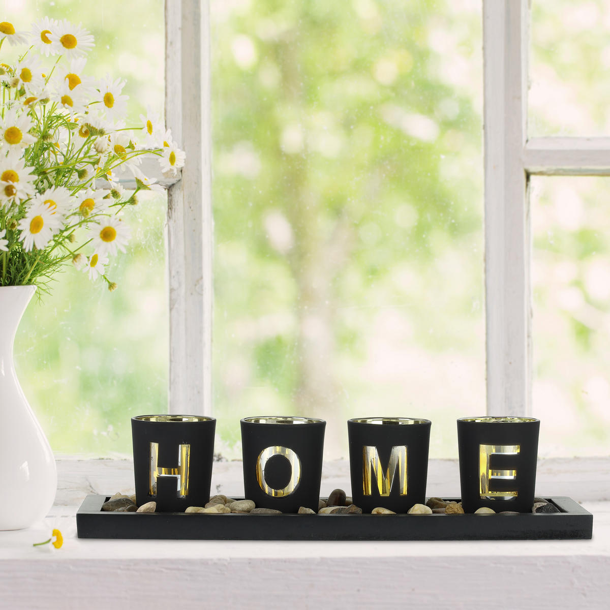 TEELICHTHALTER - Schwarz, Glas/Holzwerkstoff (7.5cm) - Relaxdays