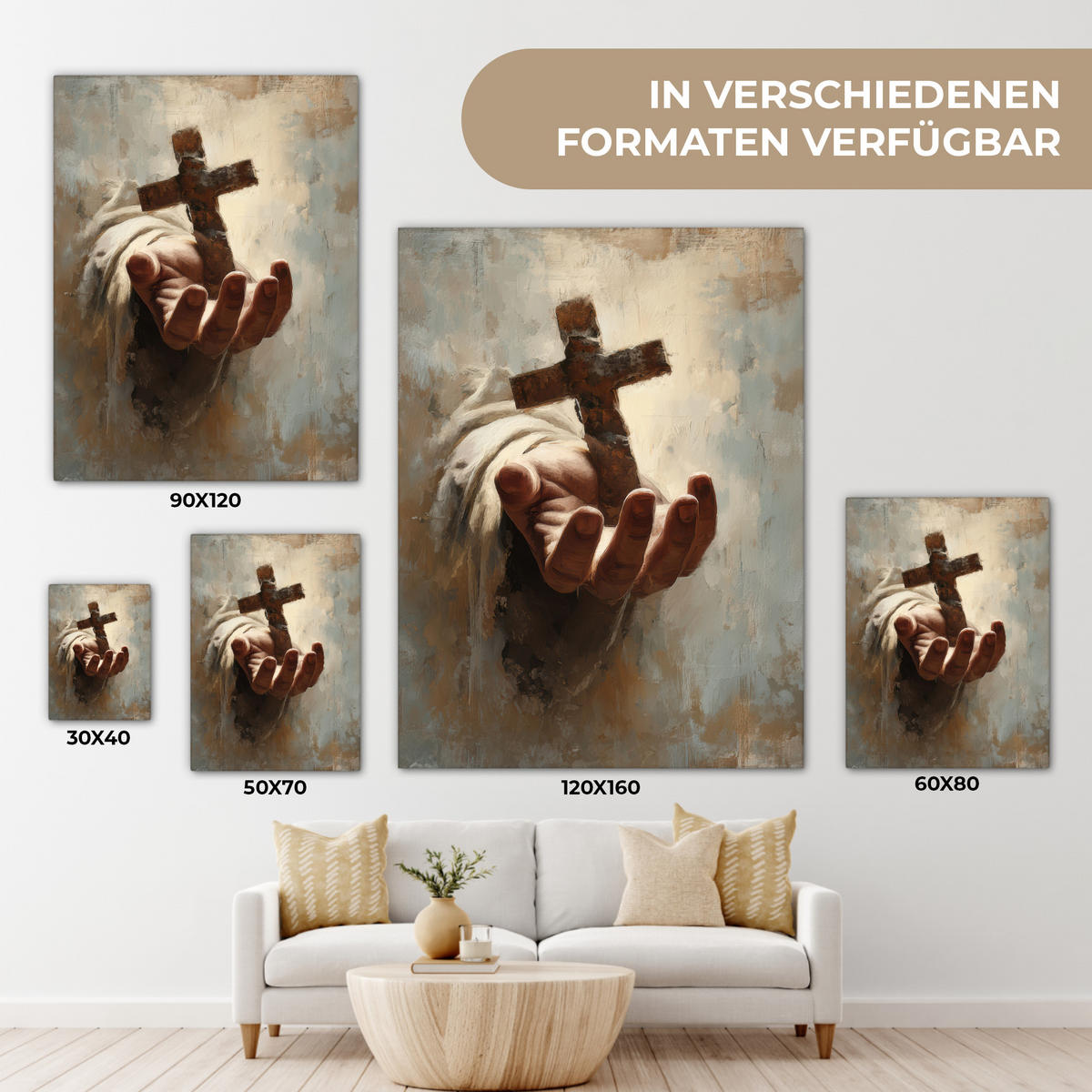 LEINWANDBILD Abstrakt - Kreuz - Hand - Christentum Wandbild Wohnzimmer 60x80 cm - Hellbraun, Textil (60/80cm) - MuchoWow