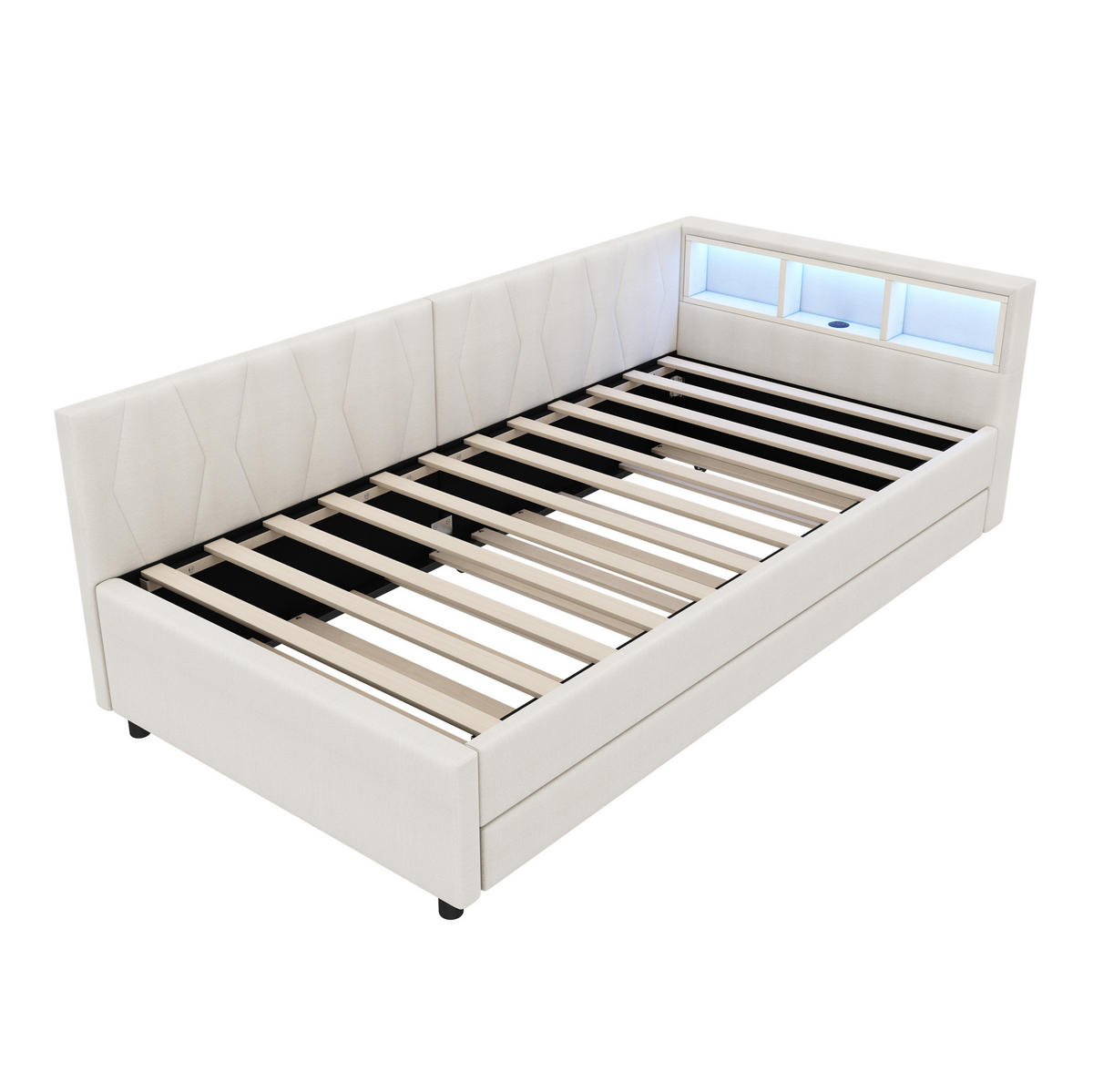 DNEVNI krevet 90/200 cm bež od lana i MDF-a s izvlačnim ležajem USB Type-C i LED rasvjetom - bež, tekstil (90/200cm) - OKWISH