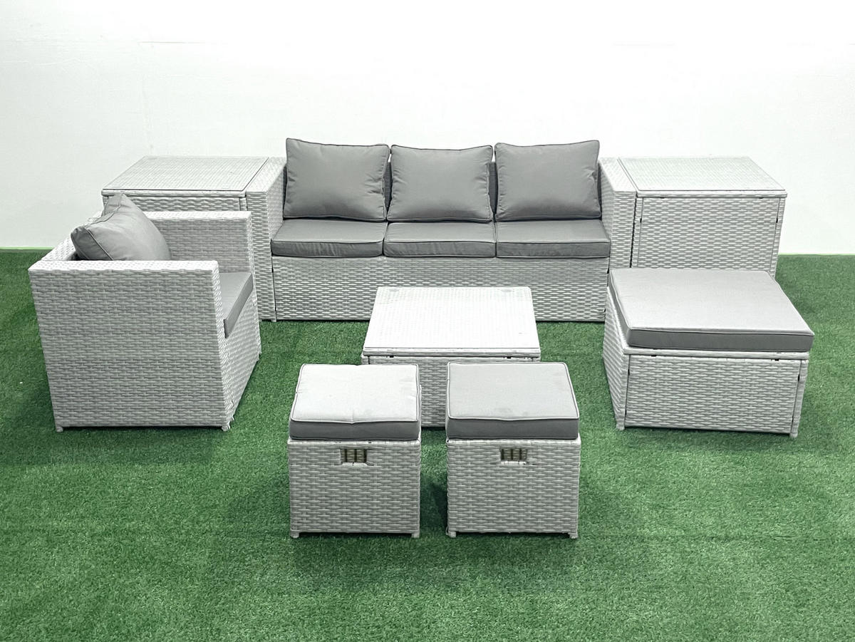 GARTENMÖBELSET mit 3-SITZER SOFA,COUCHTISCH Polyrattan Hellgrau-Mix 6-Sitzer - Hellgrau/Grau, Glas/Kunststoff - Fimous
