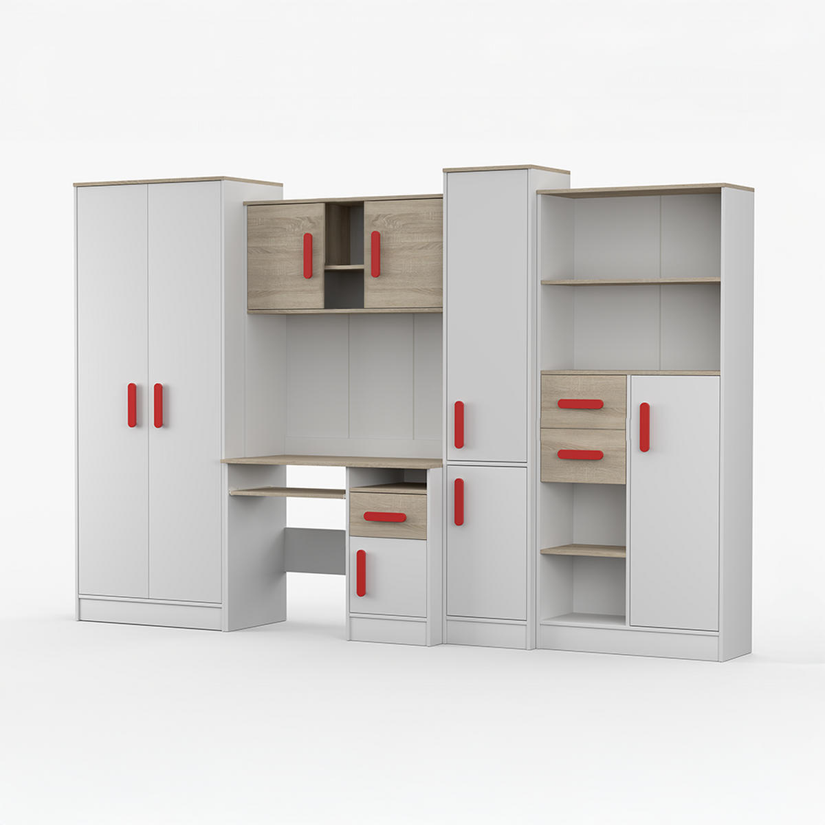 WOHNWAND Markus Weiß Sonoma Eiche mit griffenfarbe: Rot - Rot/Weiß, Holzwerkstoff (300/197/52cm) - imoebel24