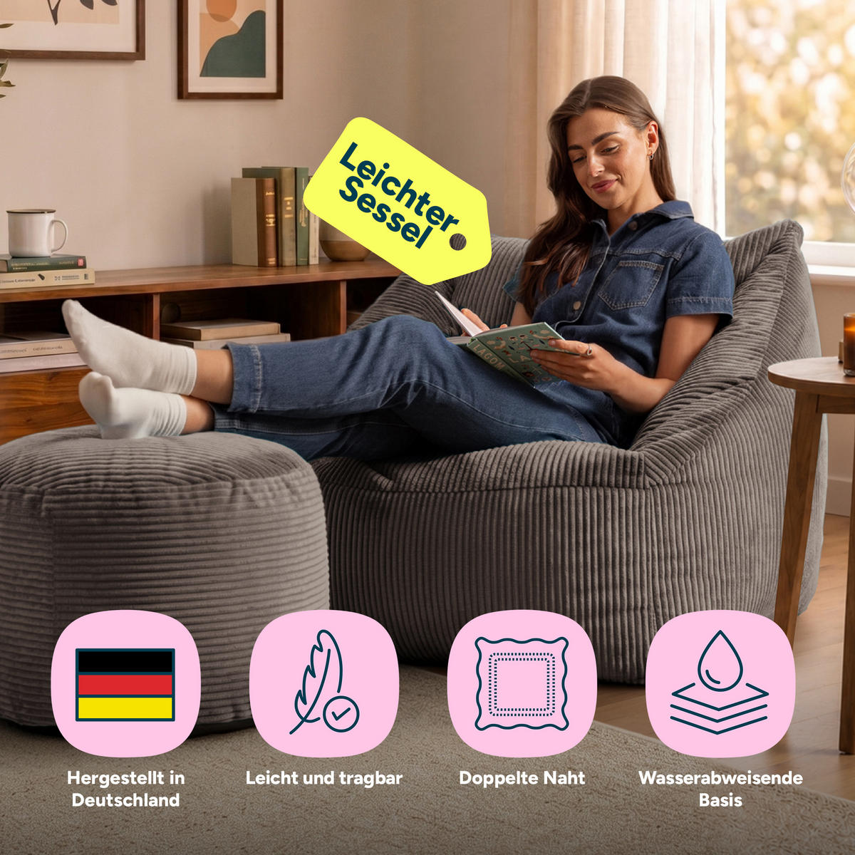SITZSACK Sessel Natalia + Sitzpouf - Grau, Textil (100/80/88cm) - icon