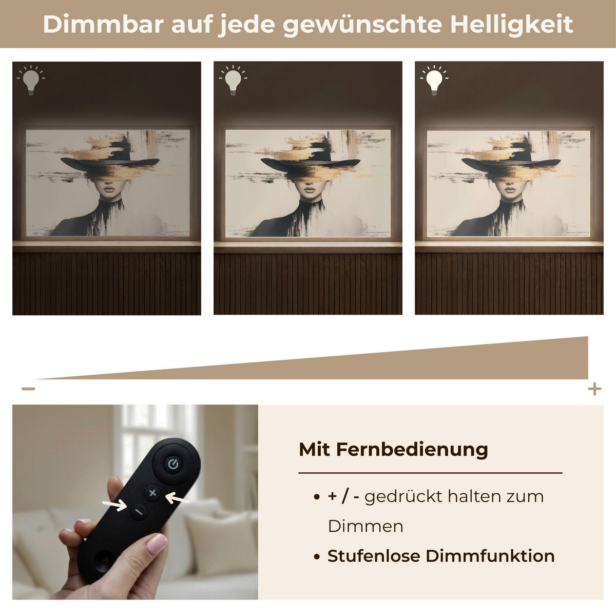 NÁSTĚNNÁ LAMPA S AKUMULÁTOREM Žena - klobouk - barva 60x40 cm - krémová, kompozitní dřevo (60/40/8cm) - OnlyWow