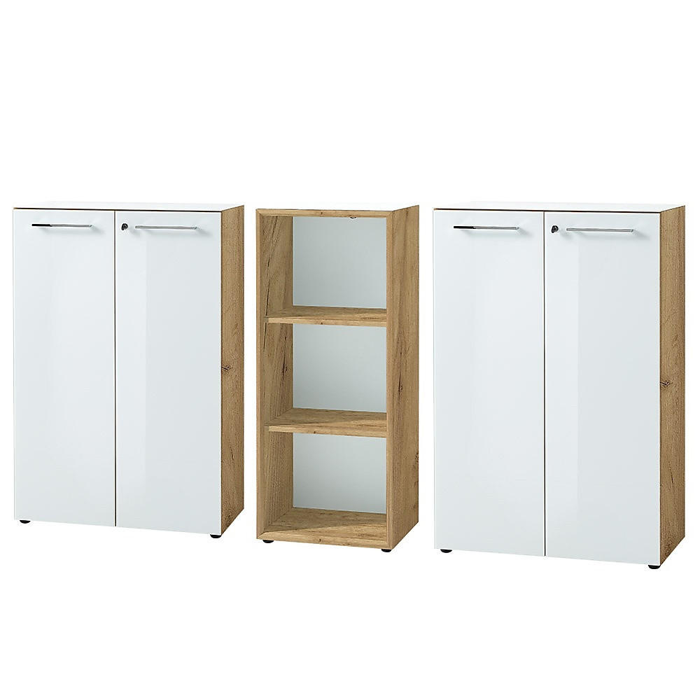 BÜRO-SET MUENCHEN 3-teilig | 2 Kommode x Regal | Glas Front & Abschließbar | Chalet-Eiche-Nb./Weiß - Weiß, Holzwerkstoff/Metall (240/120/37cm) - KADIMA DESIGN