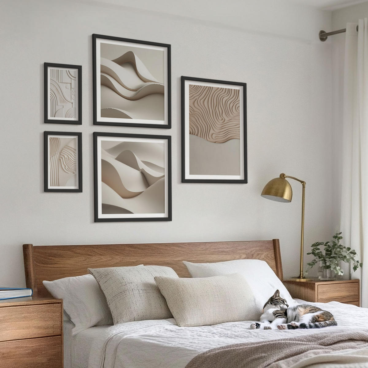 WANDBILDER 5er-Set - 50x50 cm & 20x30 cm & 40x60 cm Schwarzer Rahmen - Abstrakte Wellen auf dem Sand - Schwarz, Kunststoff (40/60cm) - ArtPrintCave