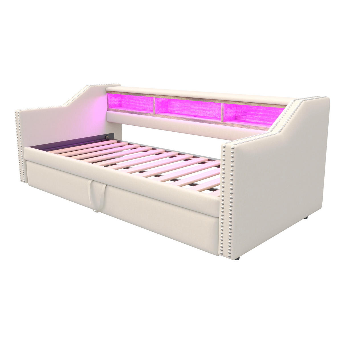 BETT aus Leinen 90/180x190 cm Beige mit Ausziehbett, LED-Beleuchtung, USB-Anschluss und Ablagefächern - Beige, Textil (140/200cm) - Modfu