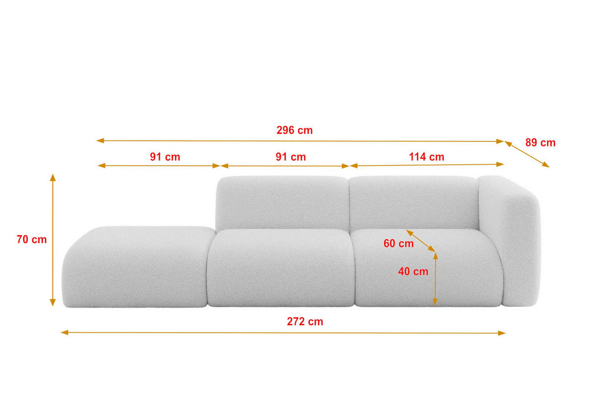 SOFA Ottomane Rechts MIRA-S3 296x89x70 Hellgrau Bouclé - Silberfarben/Hellgrau, Holzwerkstoff/Kunststoff (296/70/89cm) - ALTDECOR