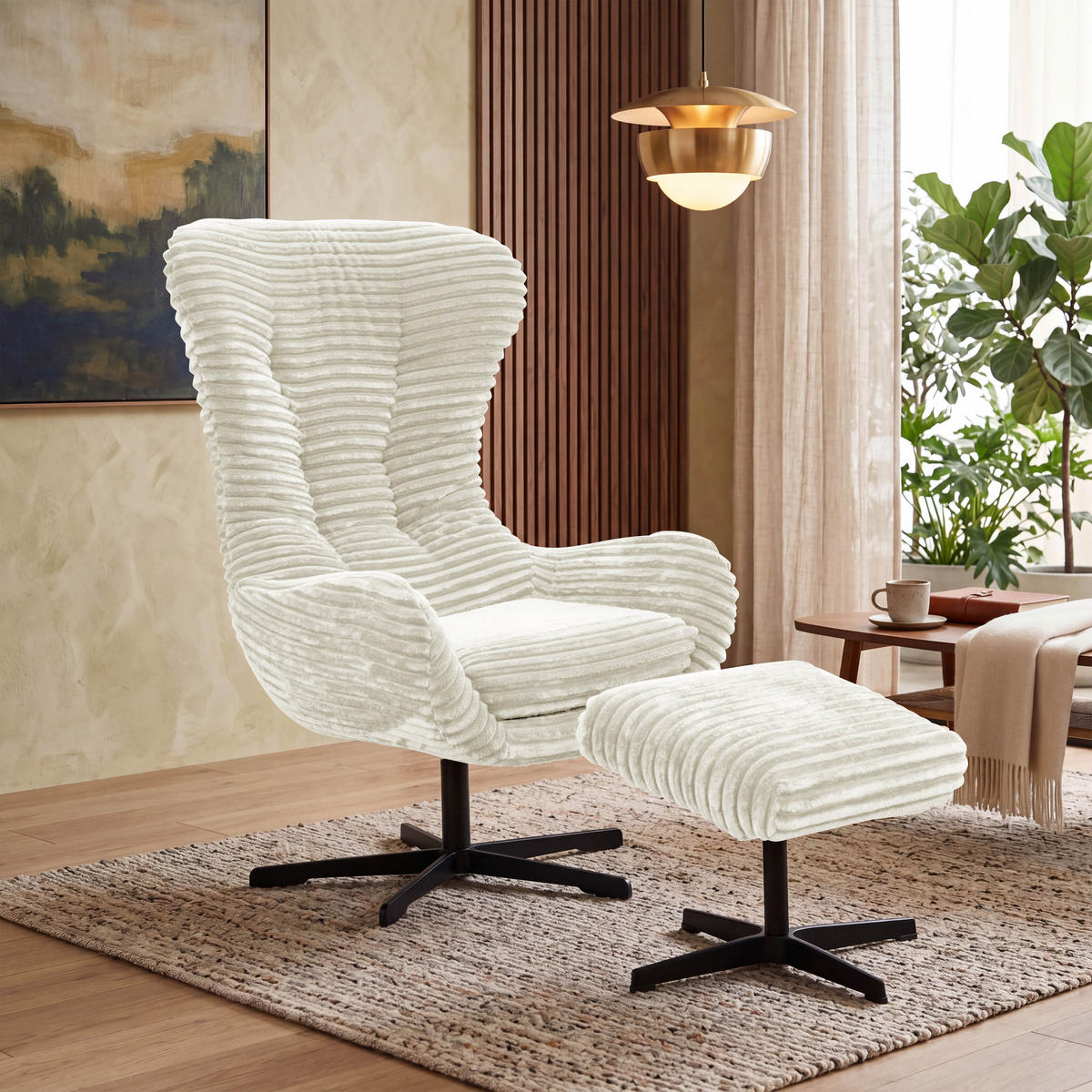 HOCKER MONACO Cordstoff ecru - Ecru/Schwarz, Holz/Textil (50/41/37cm) - Courtois Laville
