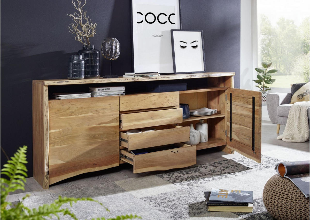 SIDEBOARD Akazie210x45x96 natur lackiert PURE ACACIA #701 - Naturfarben, Holz (210/96/45cm) - Massivmoebel24