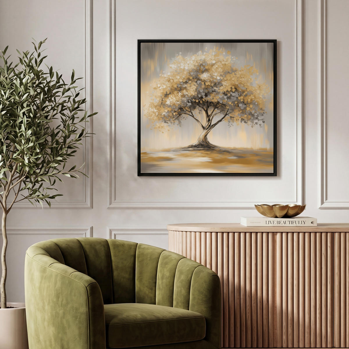 LEINWAND Bilder mit Rahmen - Gemälde - Baum - Abstrakt - Blätter - 50x50 - Beige, Textil (50/50cm) - MuchoWow