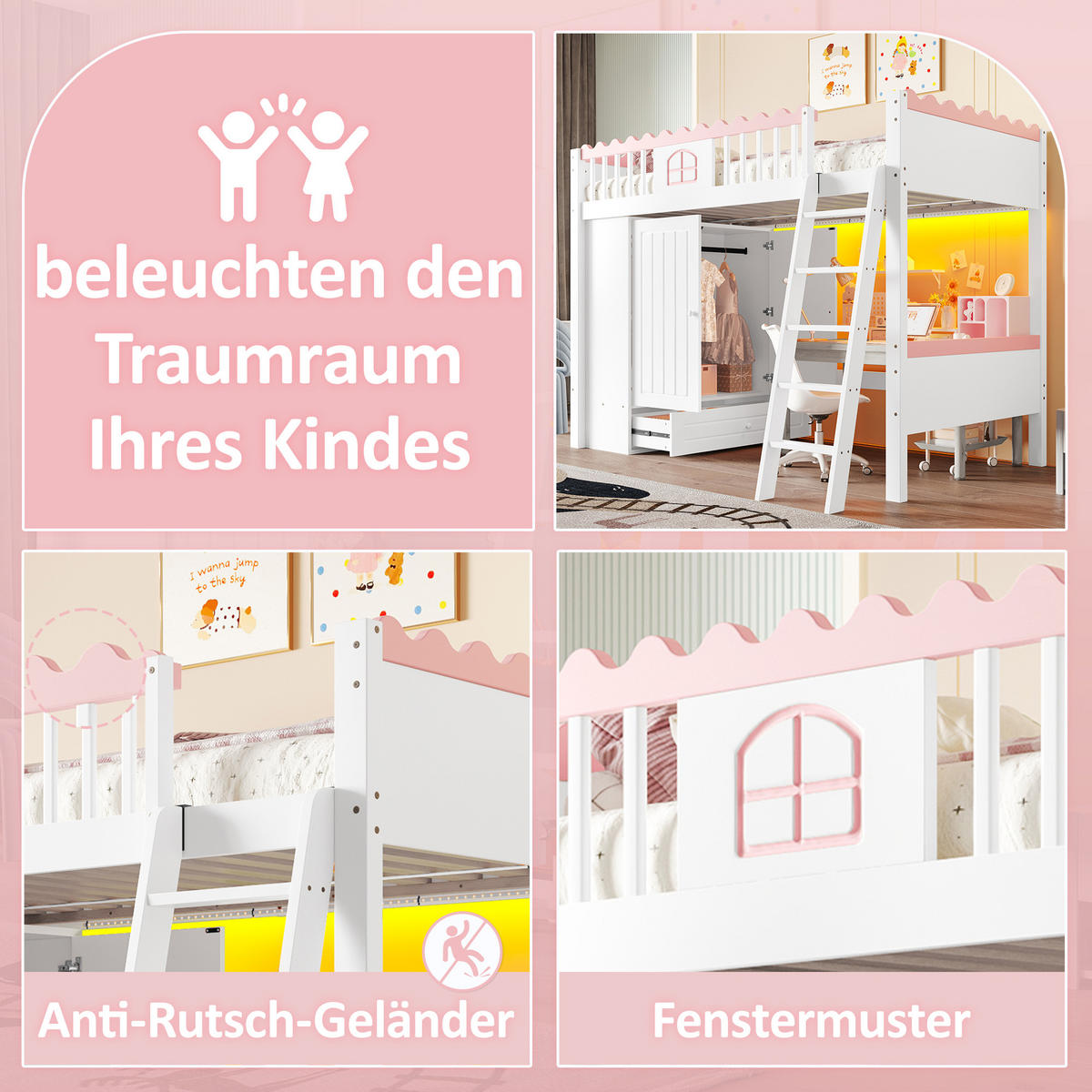 HOCHBETT 90/200 cm Weiß mit LED-Leuchten und Kleiderschrank - Weiß, Holz (90/200cm) - OKWISH