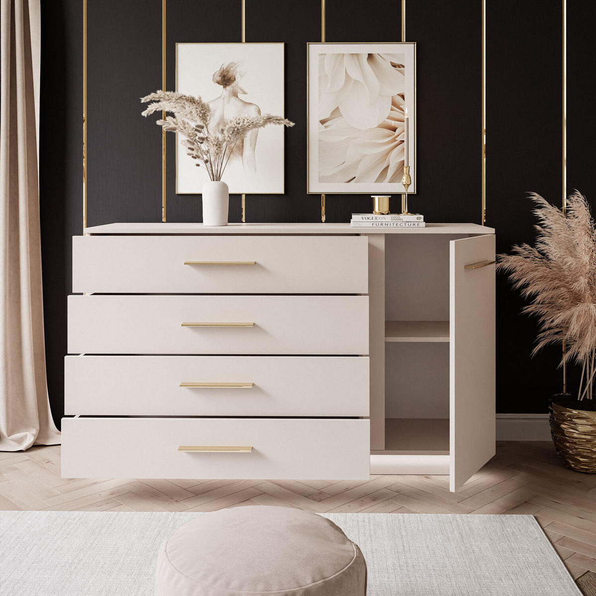 SIDEBOARD LINA KASCHMIR II 1D4S mit LED-Beleuchtung Griffe Goldchrom - Kaschmir/Goldfarben, Holzwerkstoff (138/84/40cm) - Lookway