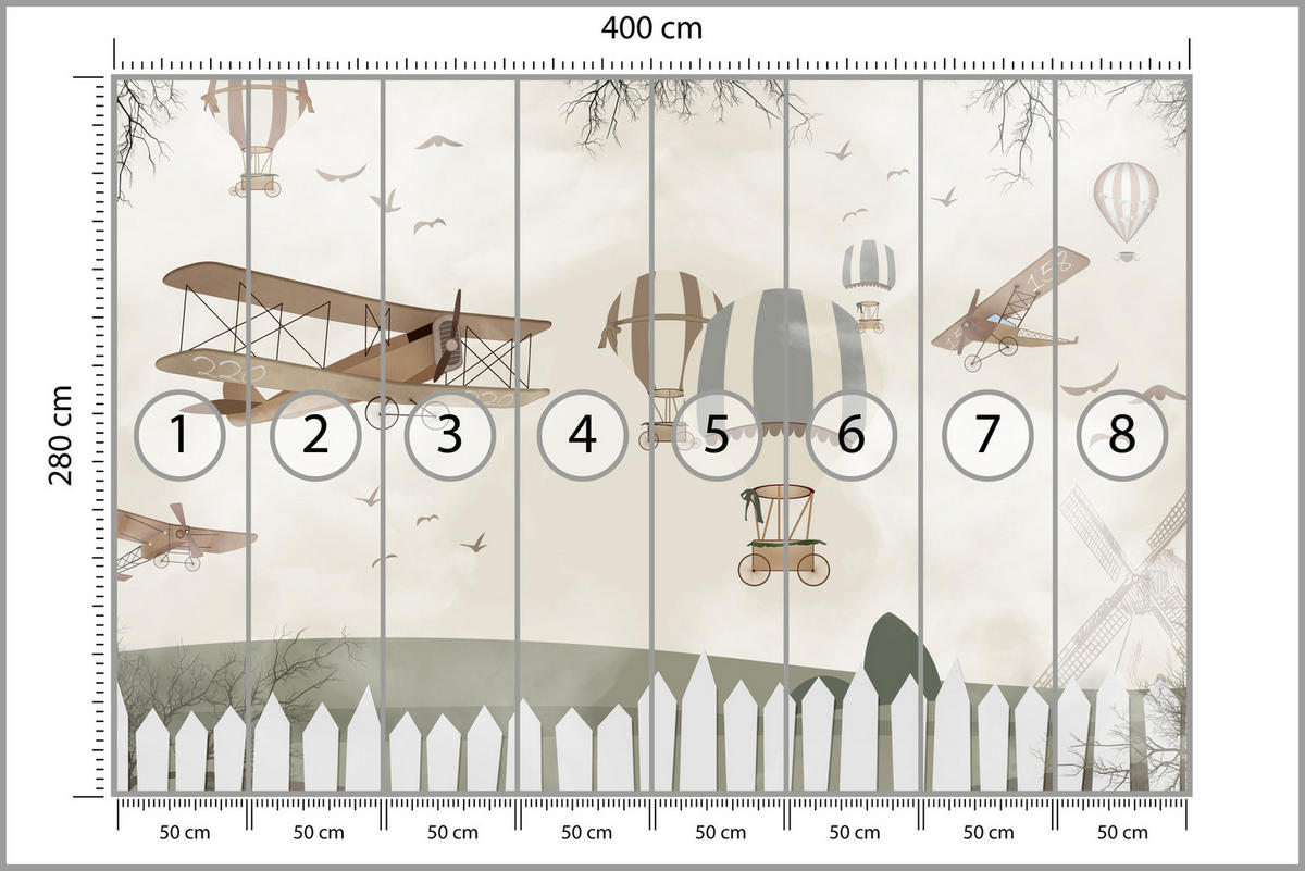 FOTOTAPETE für Kinderzimmer Retro Flugzeuge Ballons Vintage Beige 400x280 - Beige/Braun, Papier (400/280cm) - Muralo