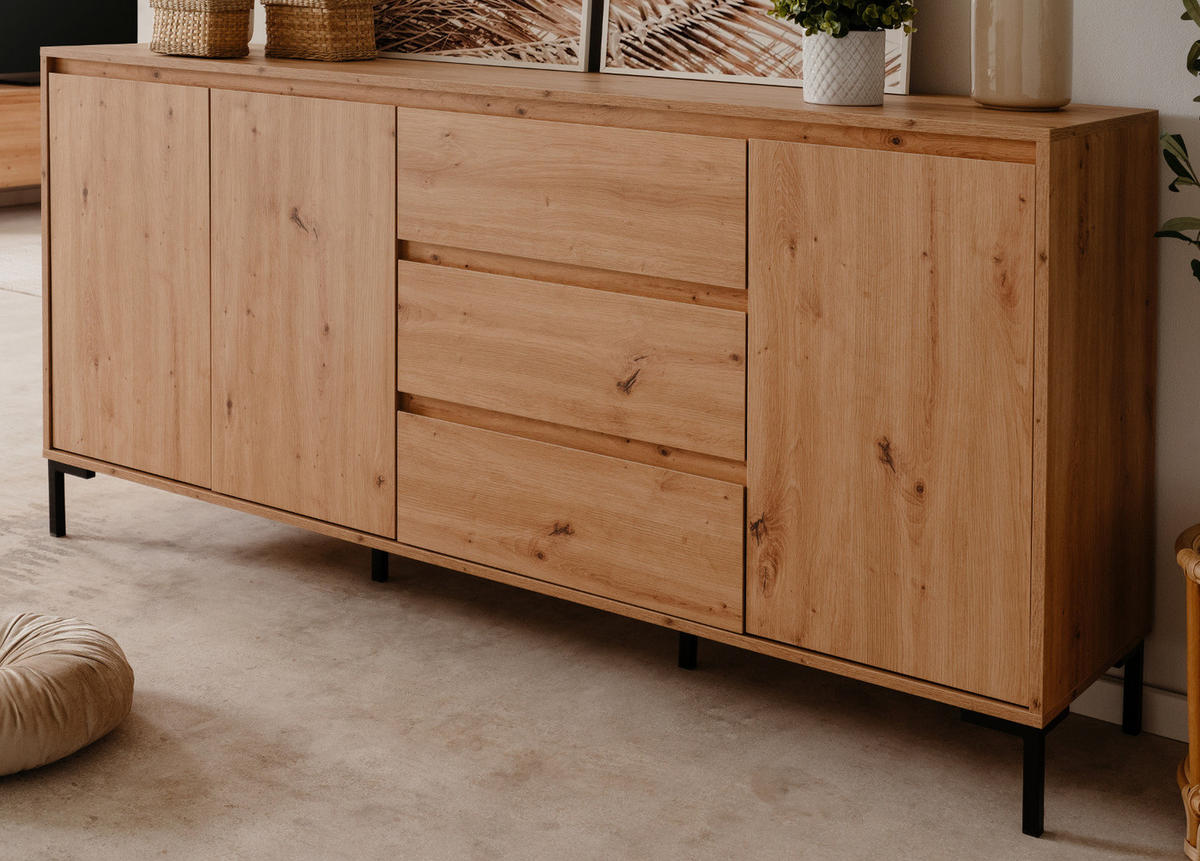 SIDEBOARD Eiche Artisan 170 cm, Kommode mit viel Stauraum - Schwarz/Eiche Artisan, Holzwerkstoff/Metall (170/87/40cm) - Furn.Design