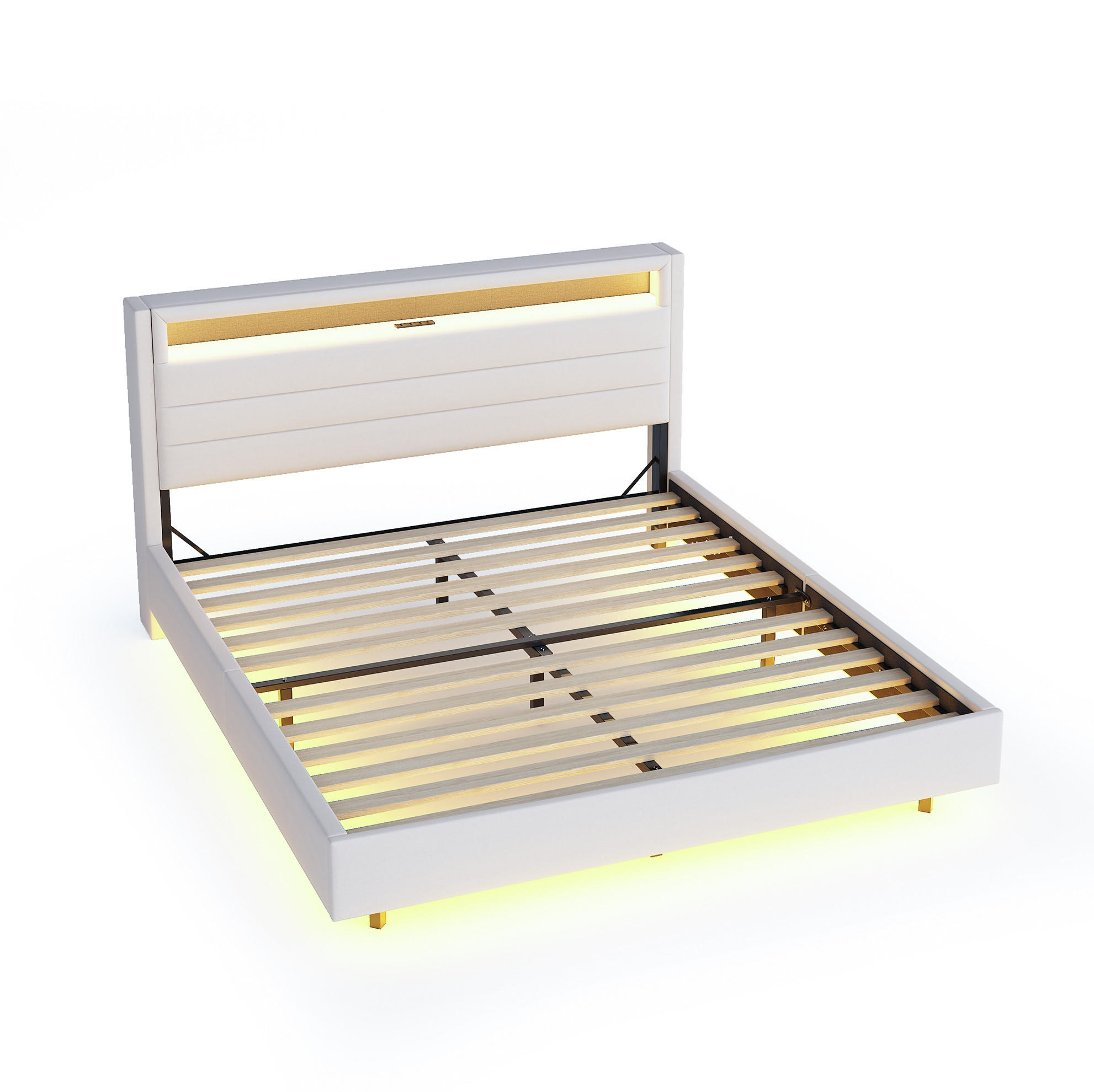 OKWISH ČALOUNĚNÁ postel 140/200 cm béžová z lněné tkaniny s USB, LED a otočným čelem