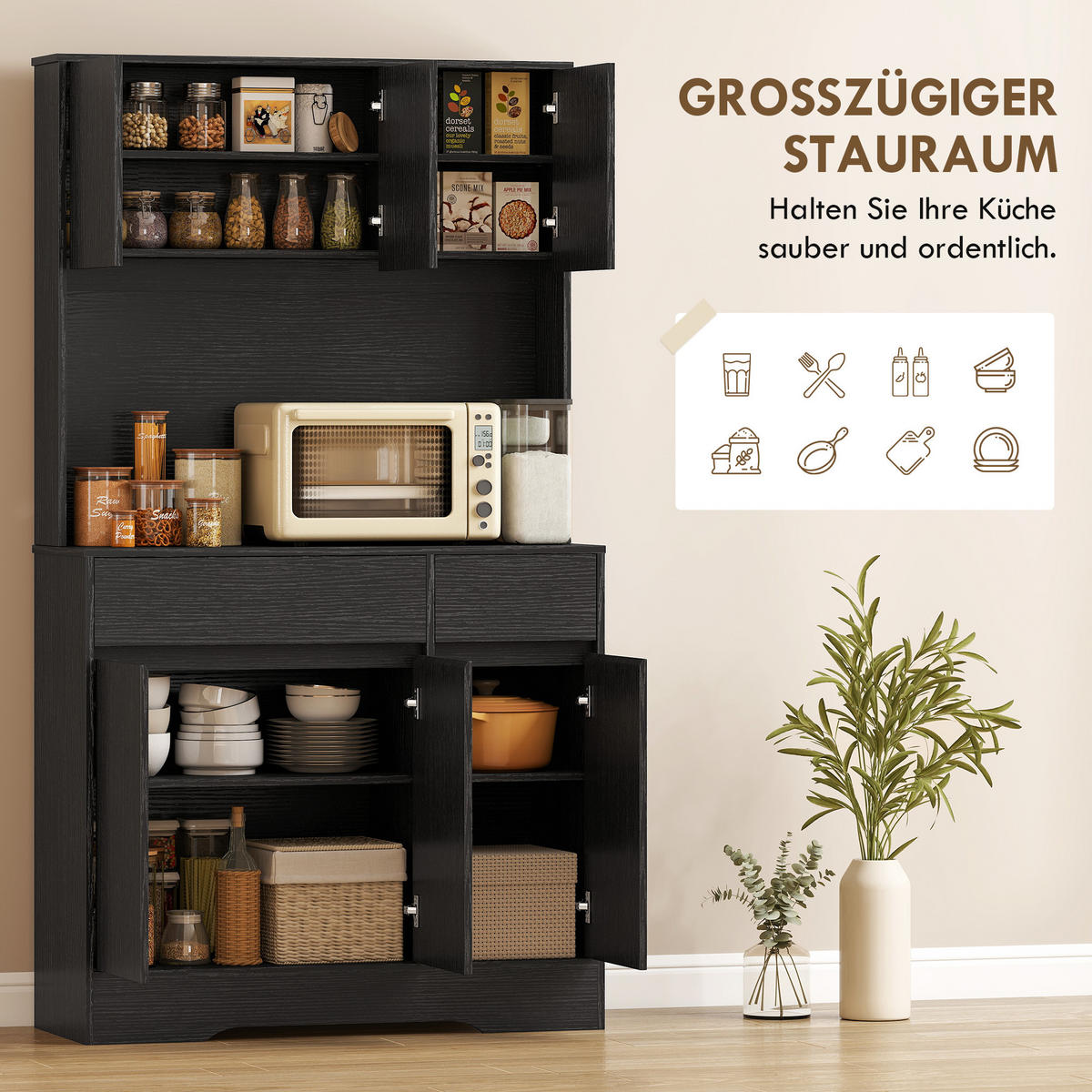 KÜCHENSCHRANK aus Spanplatte MDF 100/38/180 cm Schwarz - Schwarz, Holz/Holzwerkstoff (38/180/100cm) - HOMCOM