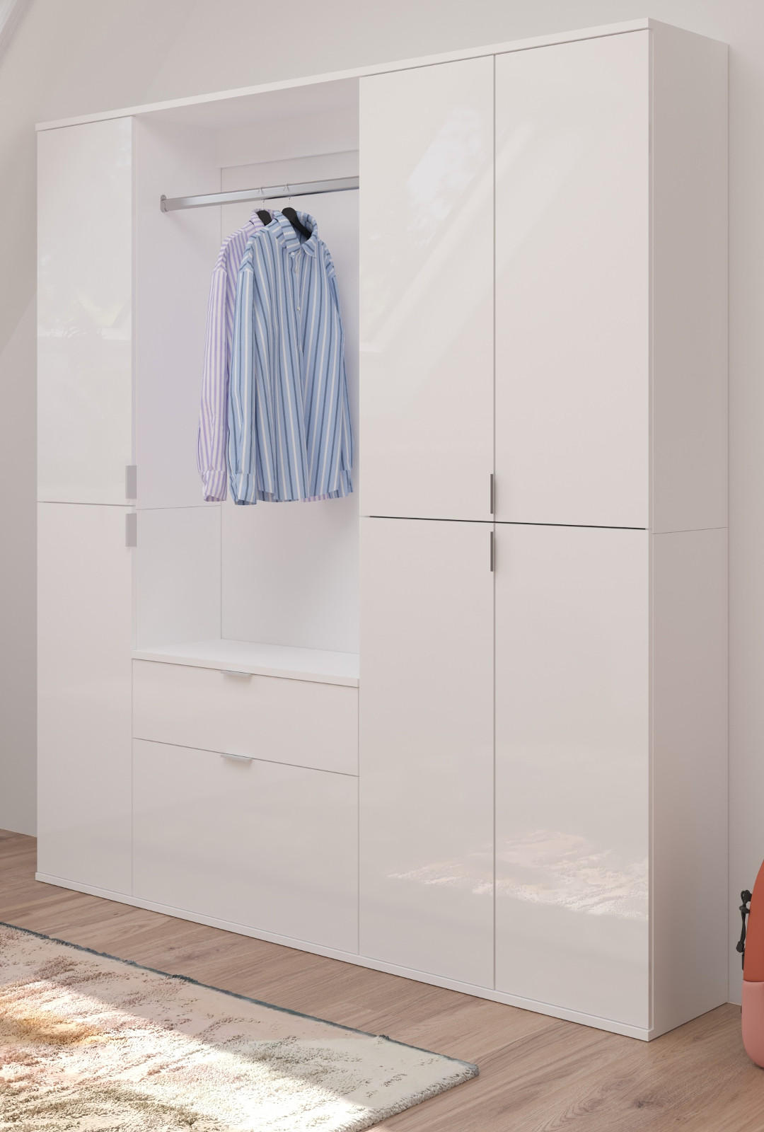 GARDEROBENSCHRANK weiß Hochglanz 152 cm, bis 18 Fächer, Flurgarderobe - Chromfarben/Weiß Hochglanz, Holzwerkstoff/Metall (152/193/34cm) - Inn.Furn
